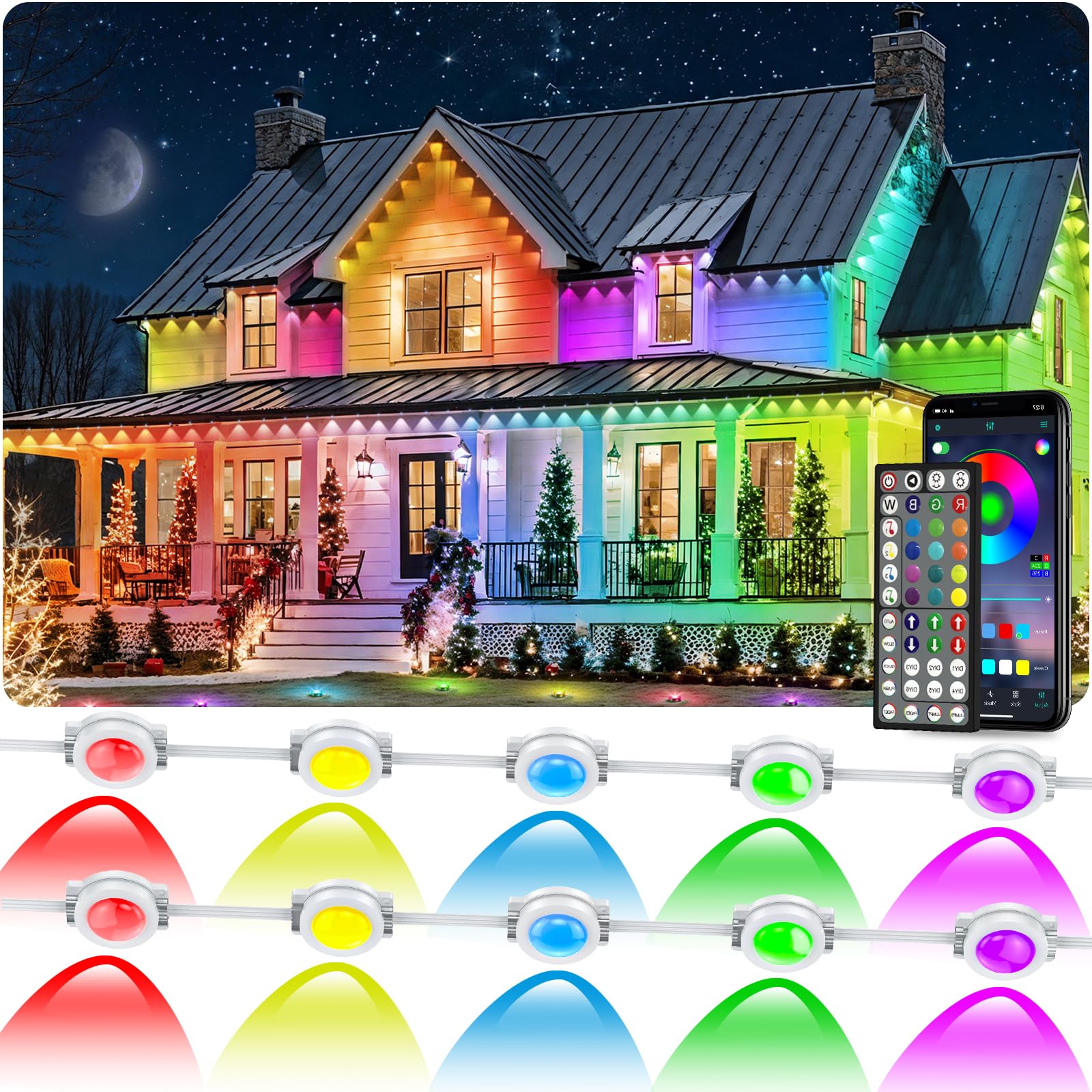 CETELUMA 300FT RGB Outdoor String Lights, IP67 Waterproof, Smart Control, DIY Scene Modes for Holiday and Daily Decor