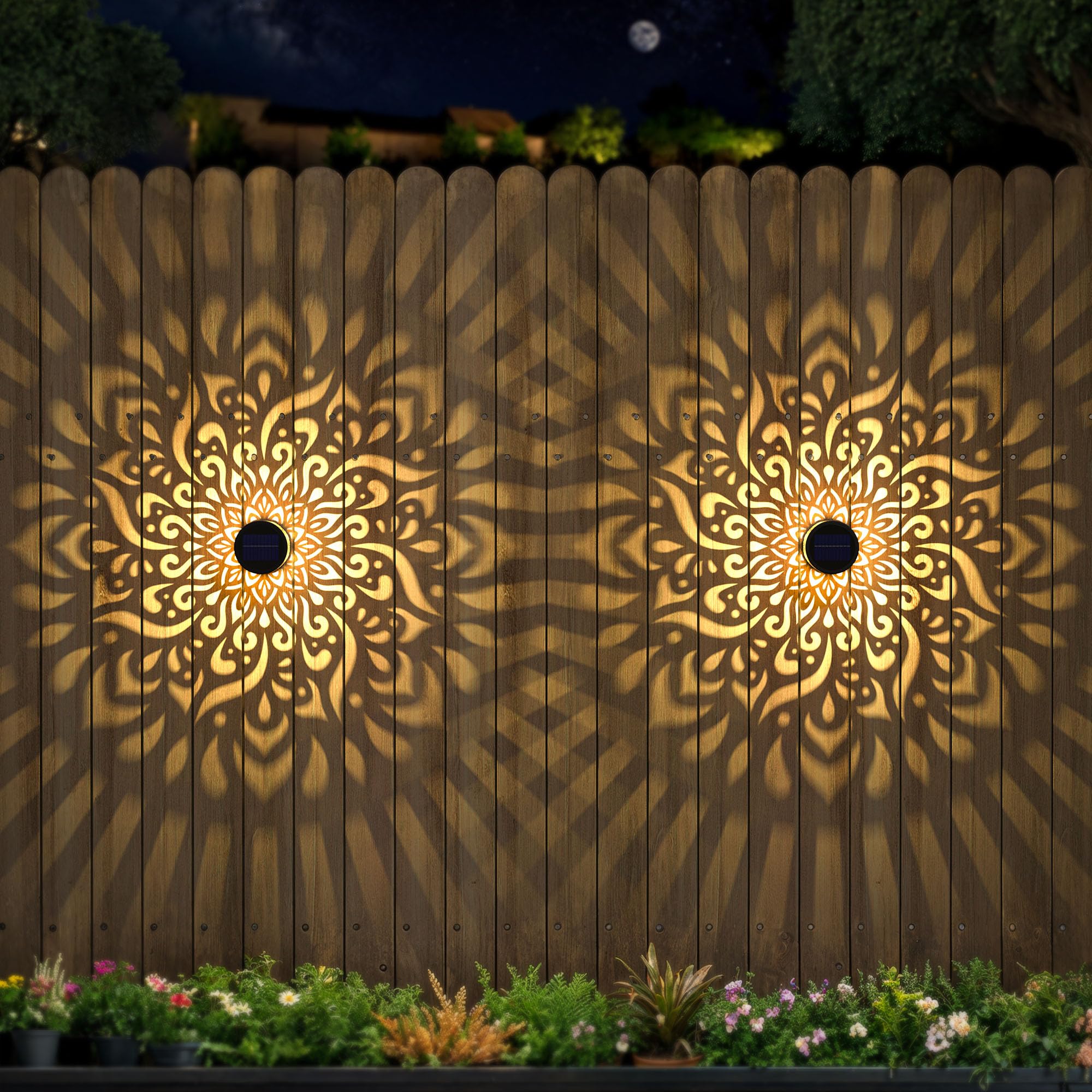 gardencave Solar Fence Lights - 2 Pack Metal Waterproof Mandala Theme for Outdoor Wall Deck Patio Decor