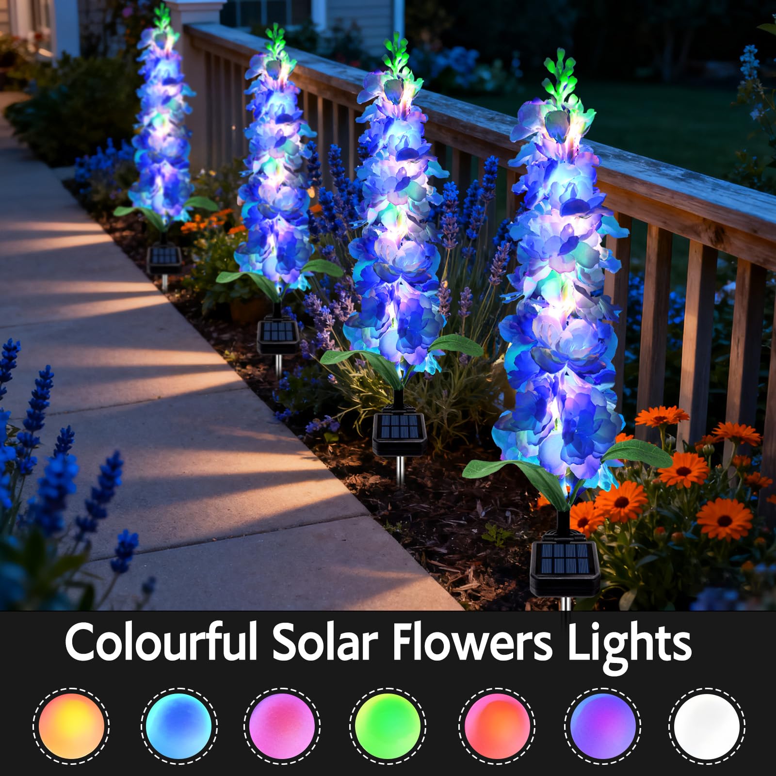 Mrhephaestus Solar Garden Lights  Solar Blue Delphinium Flowers Lights 4 Pack 80 Leds  Waterproof Outdoor Light Two Lighting Modes For Outside Wedding Party Garden Yard Patio Lawn Decor