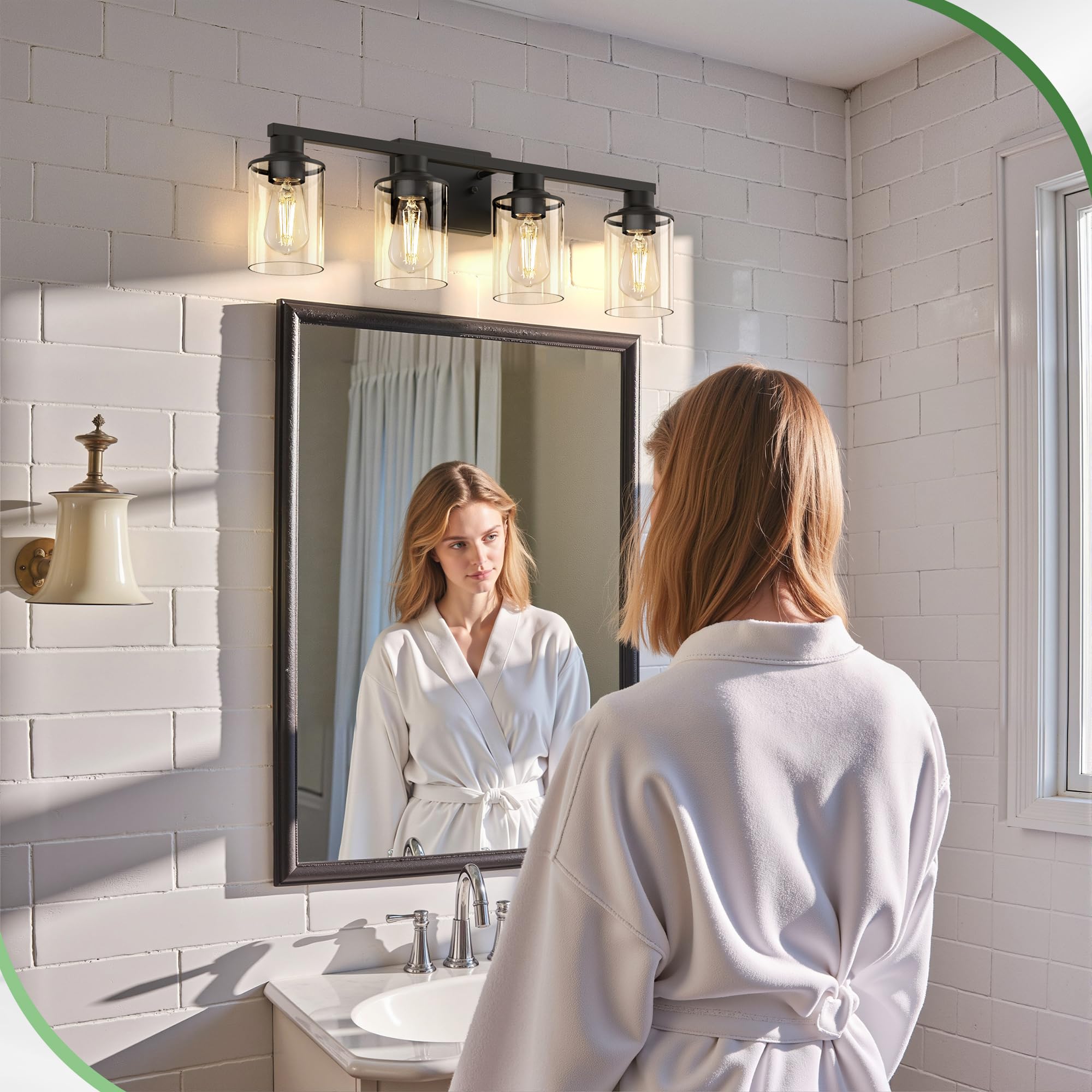 Doresshop Bathroom Light Fixtures  4-Light Black Bathroom Lighting Fixtures Over Mirror With Glass Shade  Modern Vanity Lights For Hallway Bedroom  Includes Bulbs