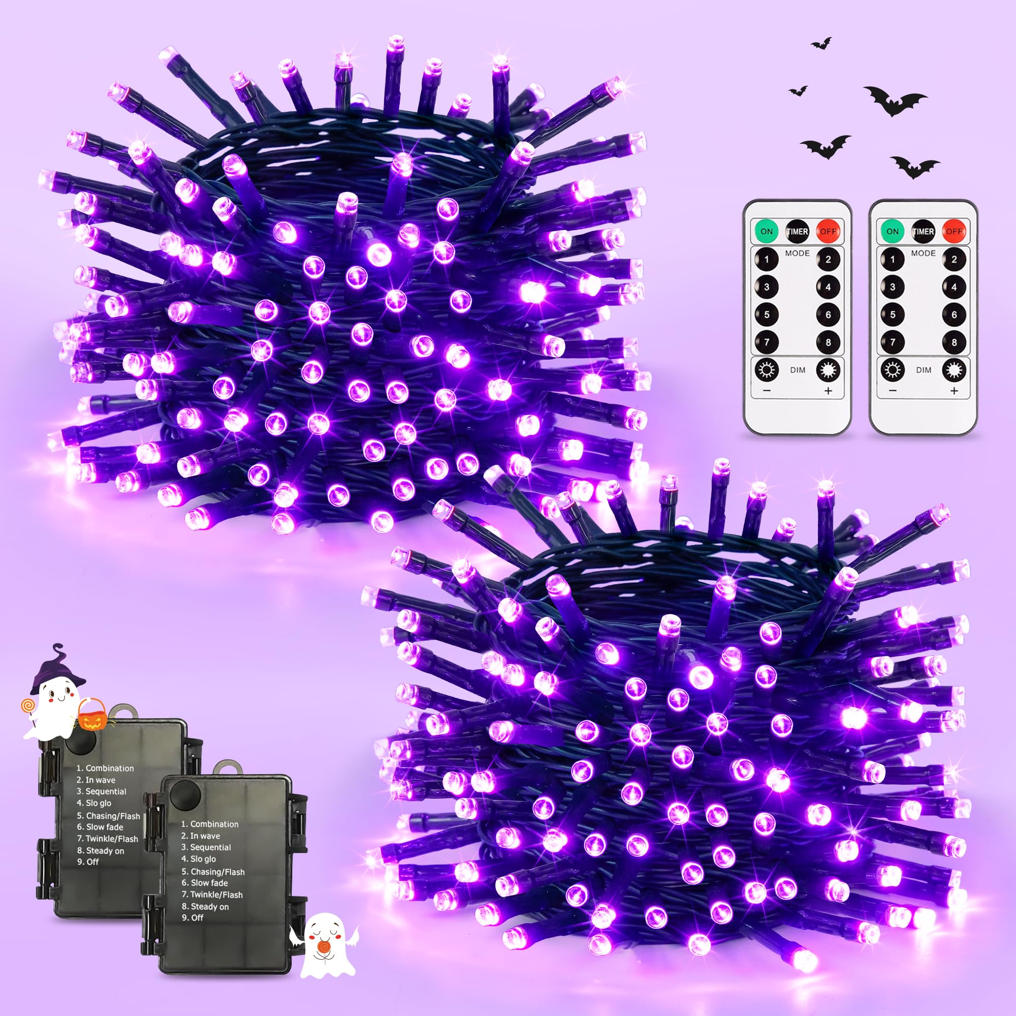 JMEXSUSS Purple Halloween Lights, 100 LED String Lights, 2 Pack, 33 FT, Waterproof, Indoor/Outdoor Decor, Model JMB-S-0100