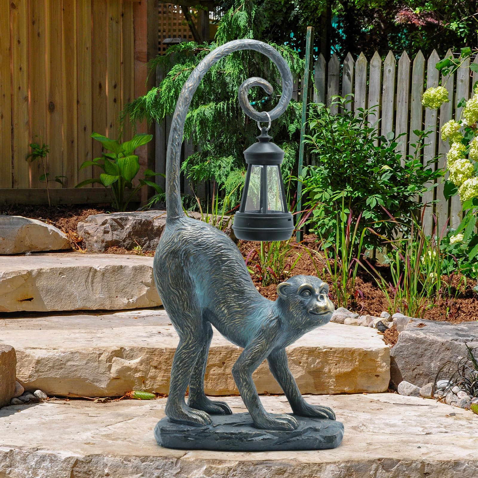 IVCOOLE Resin Monkey Statue with Solar Light - Large Bronze Garden Decor, Model IVCOOLE -002