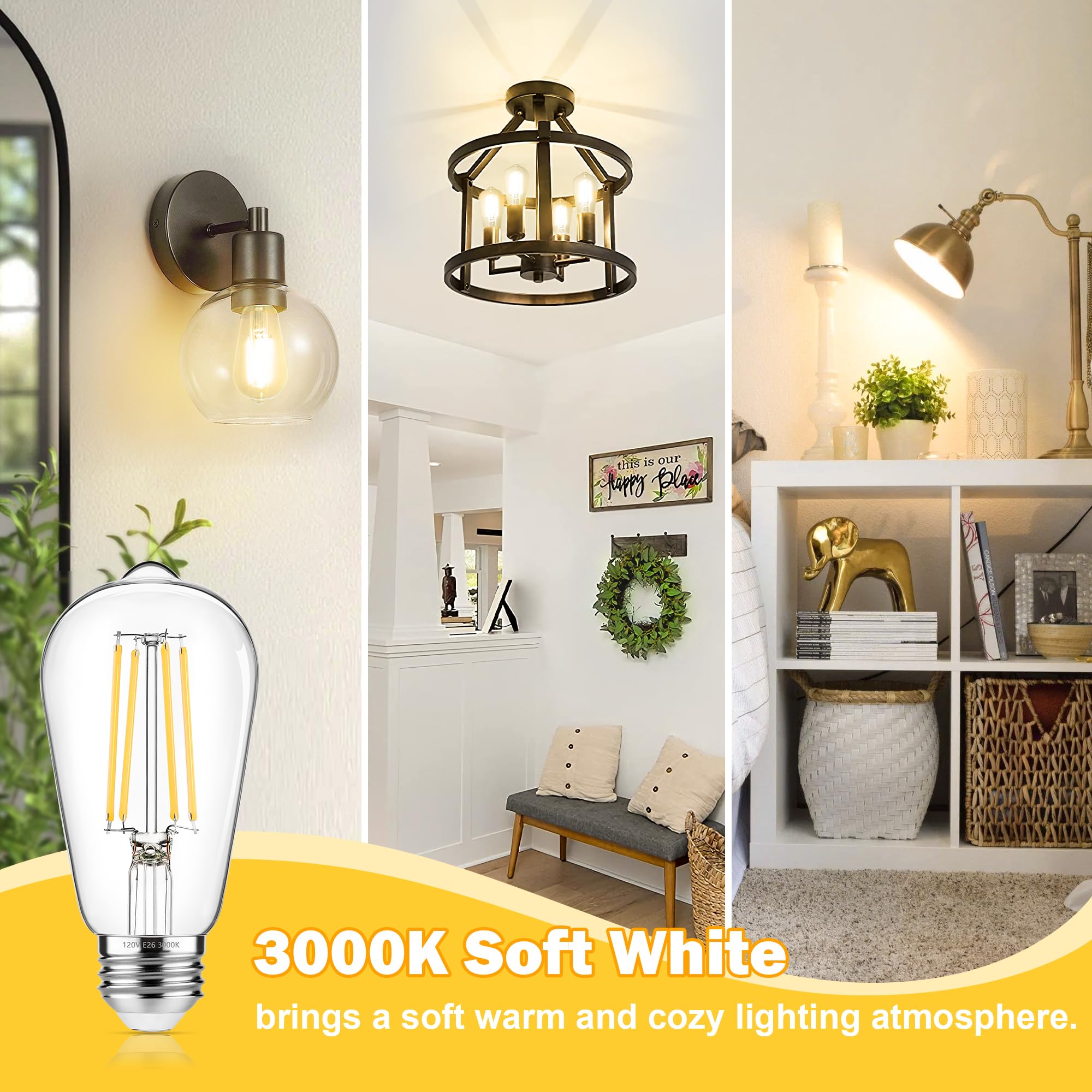 Asomst Vintage Edison Bulbs 60W Equivalent 850Lm, 6W Led Light Bulb Soft White 3000K, St58 Filament Lighting E26 Base, Non-Dimma