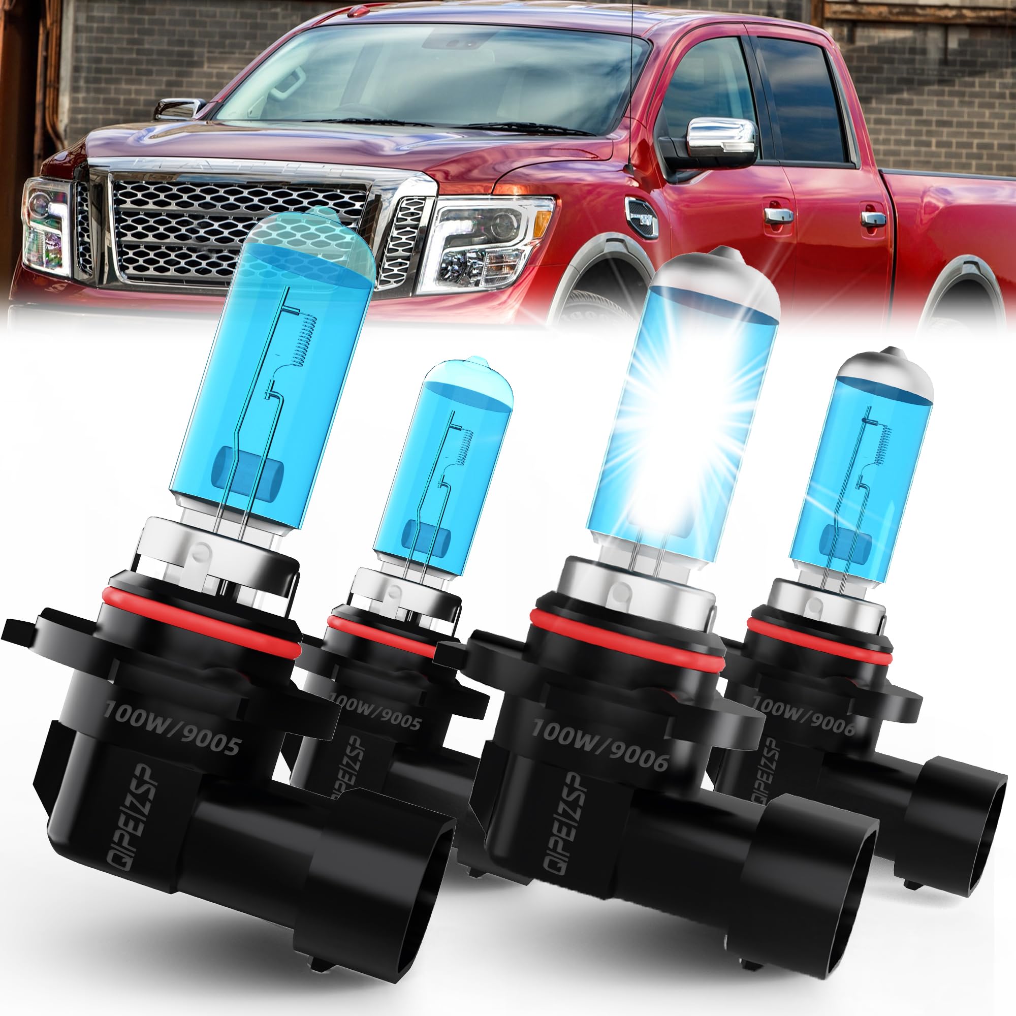 QIPEIZSP compatible with Titan 2004-2015 halogen Bulbs combo, 9005/Hb3/H10 High Beam & 9006/HB4 Low Beam,Pack of 4