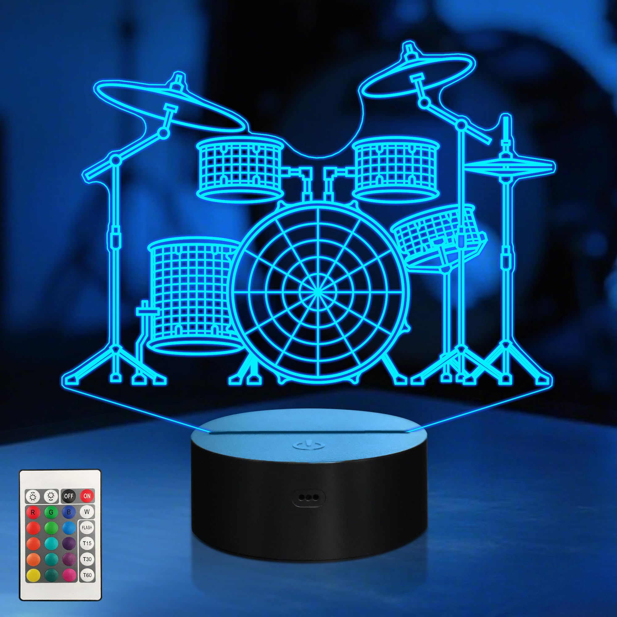 CoolGift Mart Drum kit Night Light, 3D LED Optical Illusion Lamp with 16 Colors and Remote Controller, Gifts for Drummers Music 
