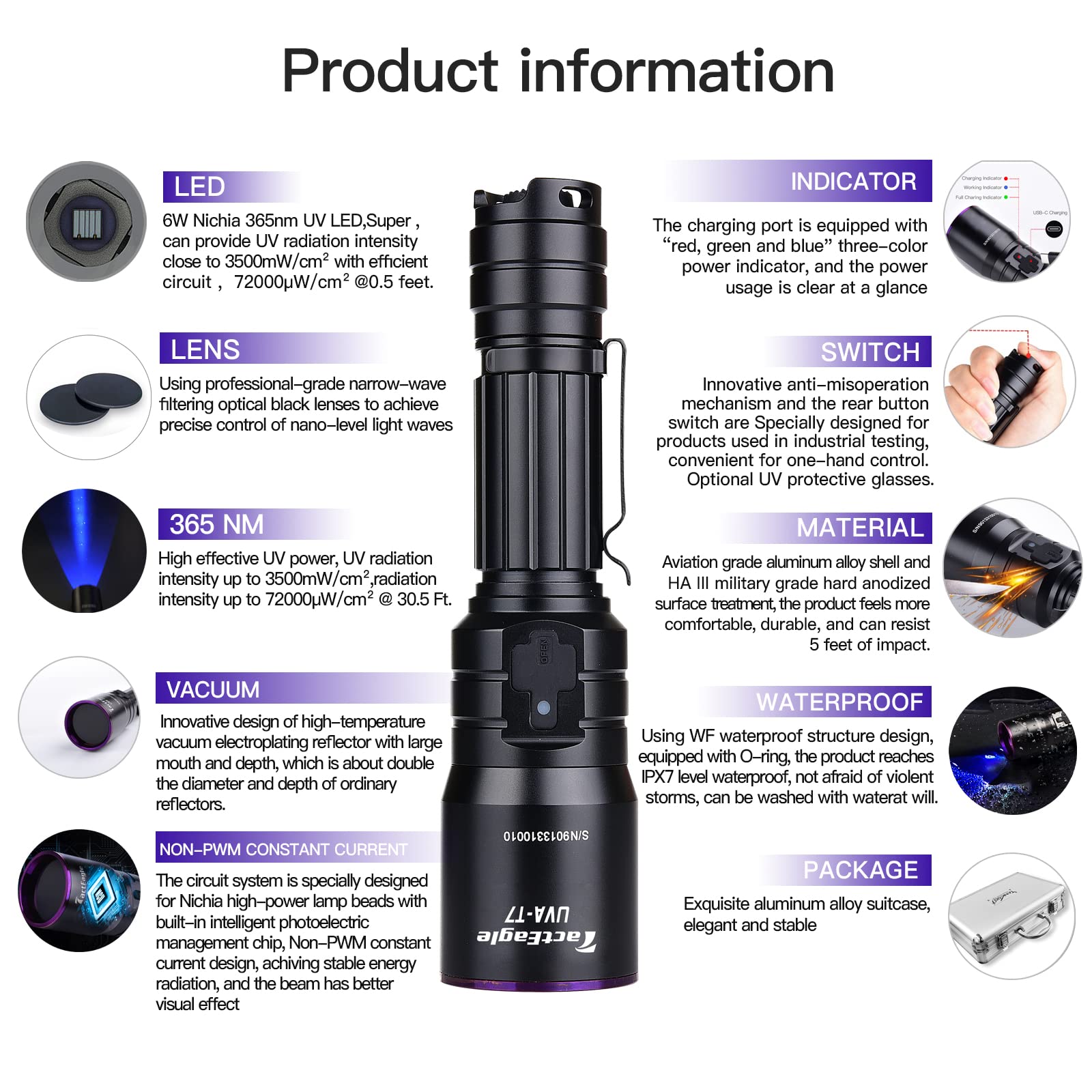 Tacteagle Uva-T7 Industrial Uv Flashlight 365Nm Black Light For Ndt, Glue Curing, A/C Leak Detection