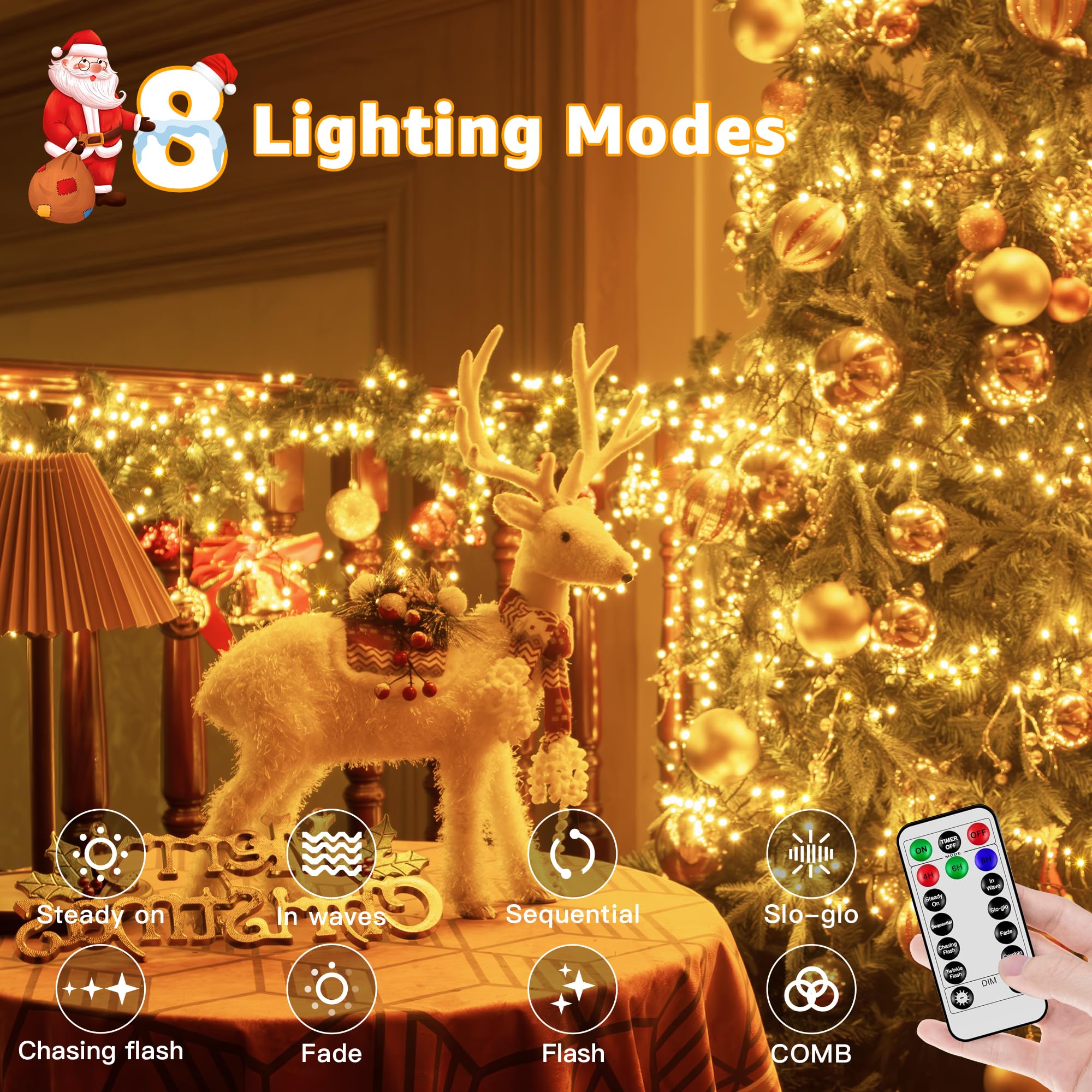 Ccinny 1200 LED Cluster Lights, 59 FT Warm White String Lights with Timer & Remote, Waterproof for Indoor/Outdoor Xmas Decorations