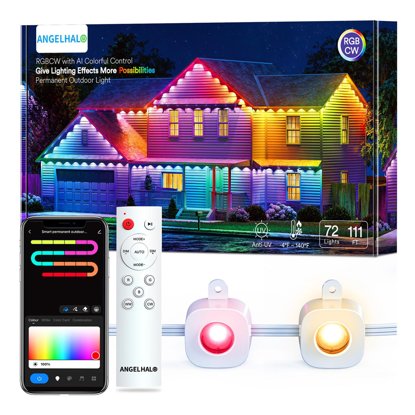 Angelhalo 100Ft Smart Outdoor Lights, 72 Led, Ip65 Waterproof, Compatible With Alexa & Google