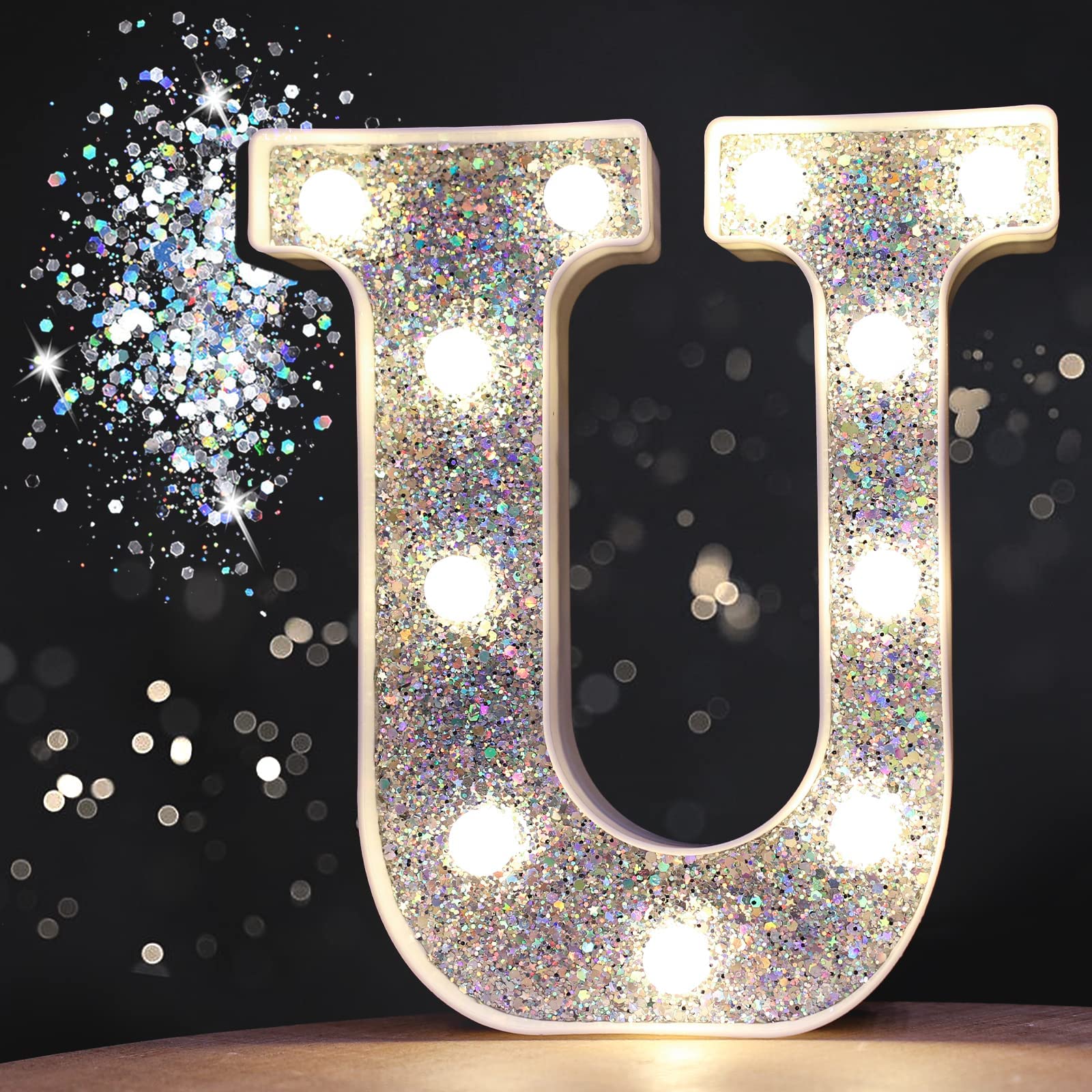 Pooqla LED Marquee Letter U Light Up Sign, Sequin Silver, Battery Powered, Perfect for Birthday, Wedding, Home Bar, Christmas Decoration