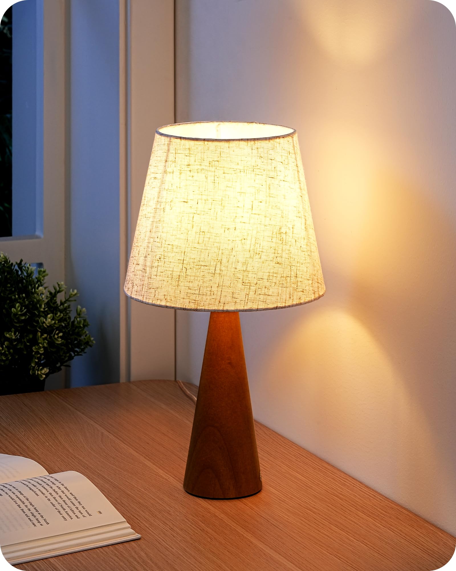 EDISHINE 13.58'' Small Table Lamp, Wooden Bedside Lamp with Beige Linen Lampshade, Space-Saving Nightstand Lamp for Nursery Kids