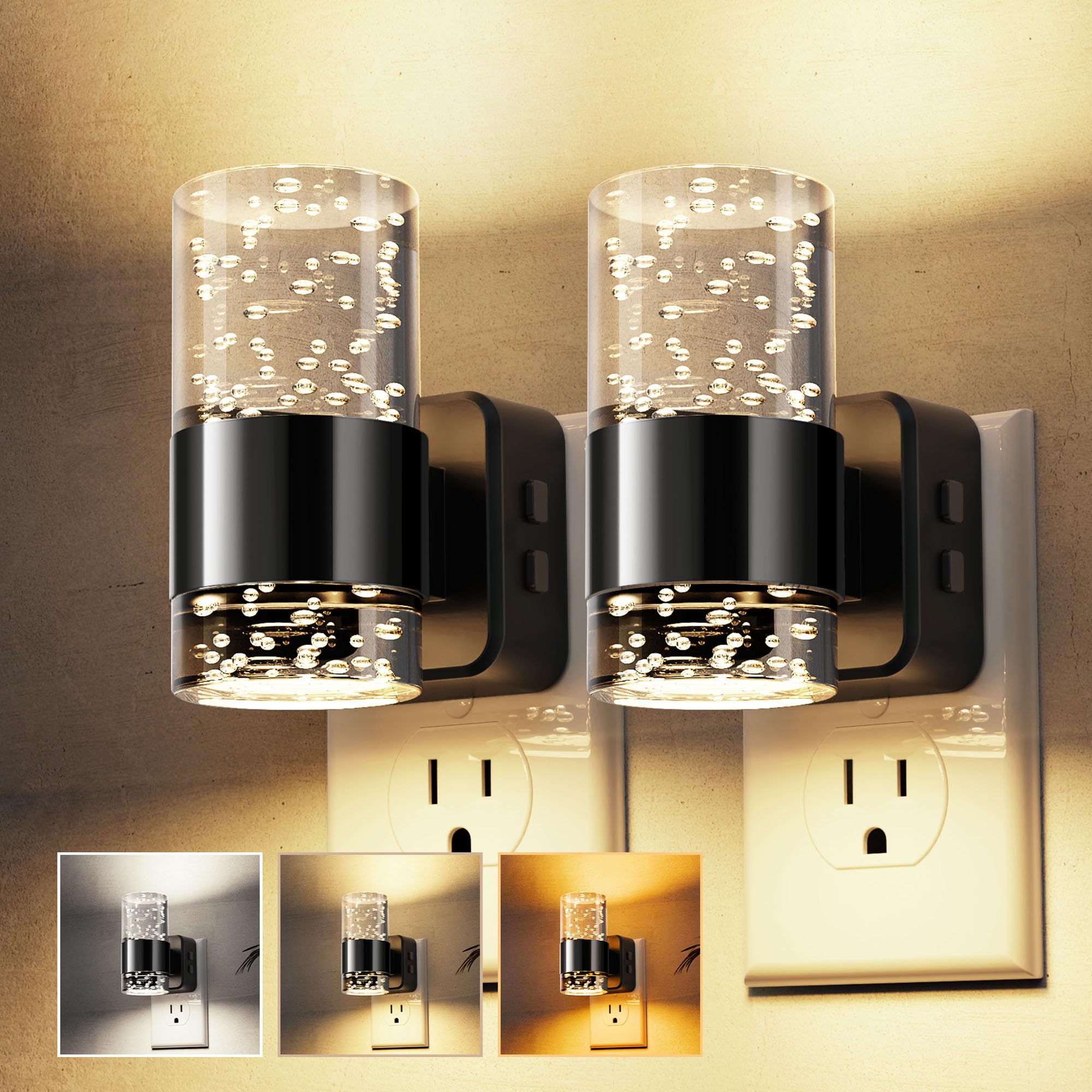 L LOHAS LED Night Lights Plug into Wall 2 Pack, Dimmable Night Light with Dusk-to-Dawn Sensor, Cool White/Soft White/Amber 3 Col