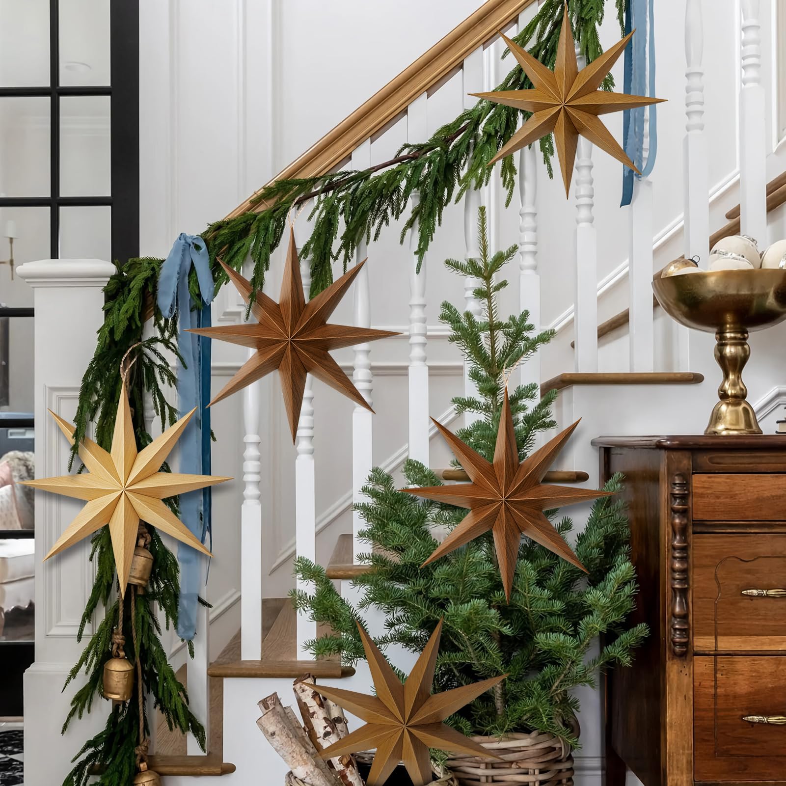 Sunbeauty 8-Pointed 12 Inch Paper Star Lanterns Brown Wooden Christmas Lanterns Hanging Lamp Paper Decorations Shade Wedding Bir