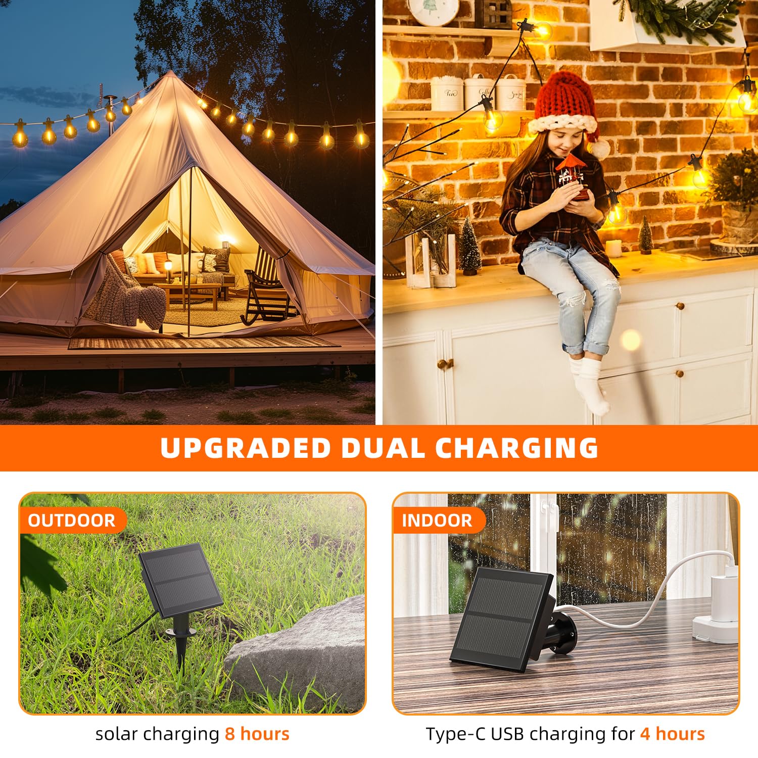 Kawaya Solar Powered String Lights For Outside, Outdoor Ip65 Waterproof Led Patio Light With Usb-Charging, Shatterproof Edison H