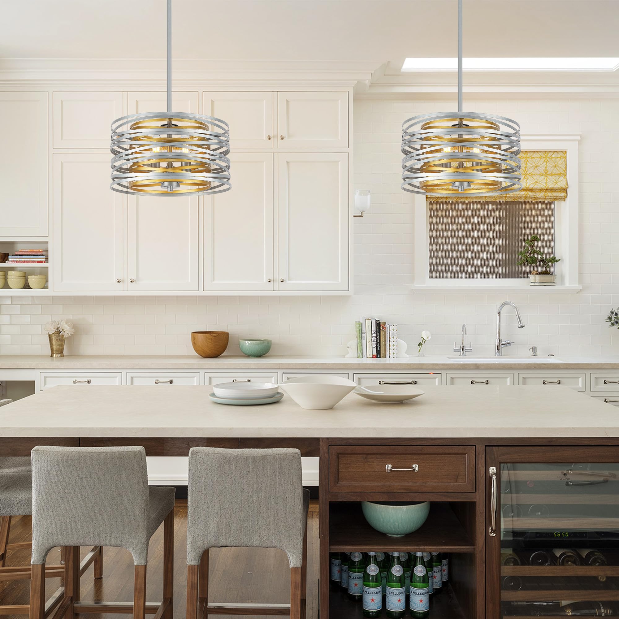 ACNKTZ Drum Pendant Light Fixture, 12.6" Retro Chandelier, Silver with Gold Interior, 3-Light Semi Flush Mount for Dining Room & Bedroom