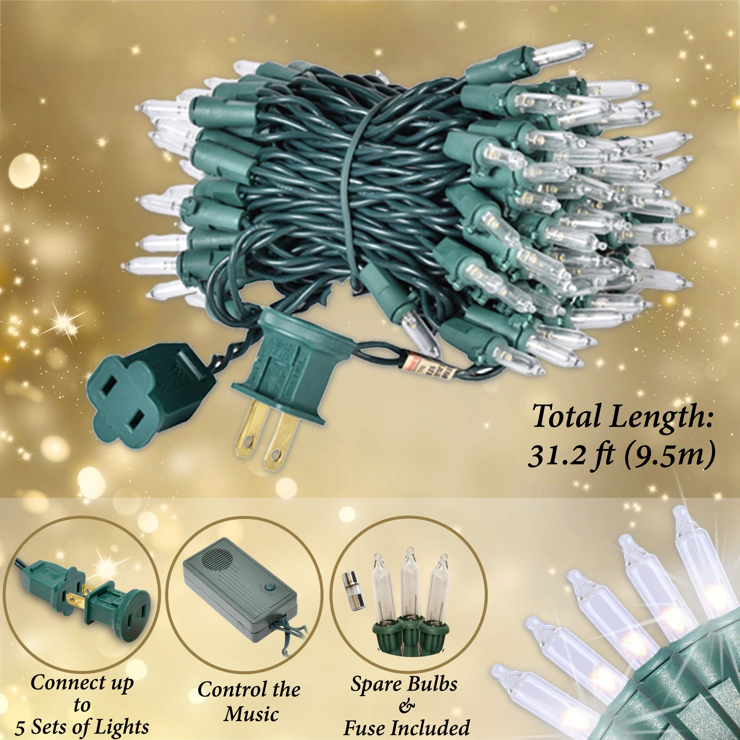 Holiday Essence, Set of 140 Indoor Clear Musical Christmas Lights, Plays 25 Classical Holiday Songs, 8 Function Chaser, Green Wi