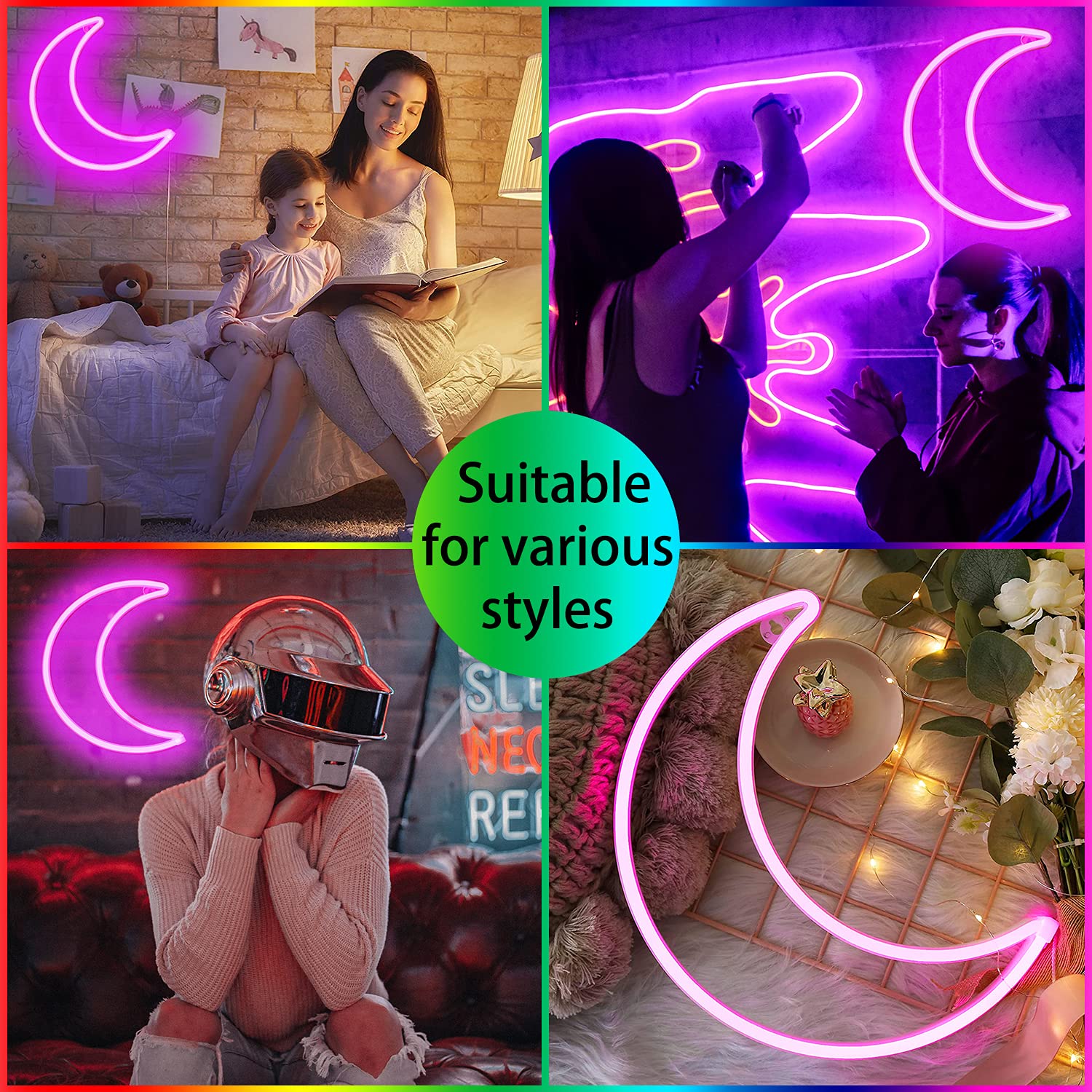 YAOZHOU LED Pink Moon Neon Light - USB/Battery Powered Decorative Light for Home, Bedroom, Office, Party - Cute Art Night Light
