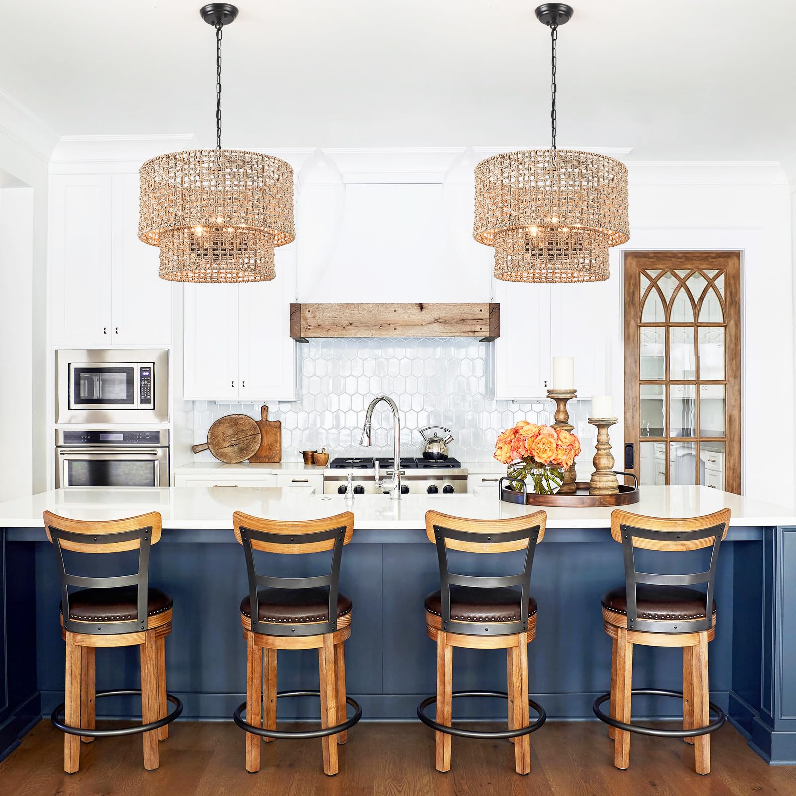 2 Tier Rattan Farmhouse Chandelier 5-Light Large Boho Wicker Pendant Light Fixtures Hanging Coastal Drum Lighting Hand Woven Cha