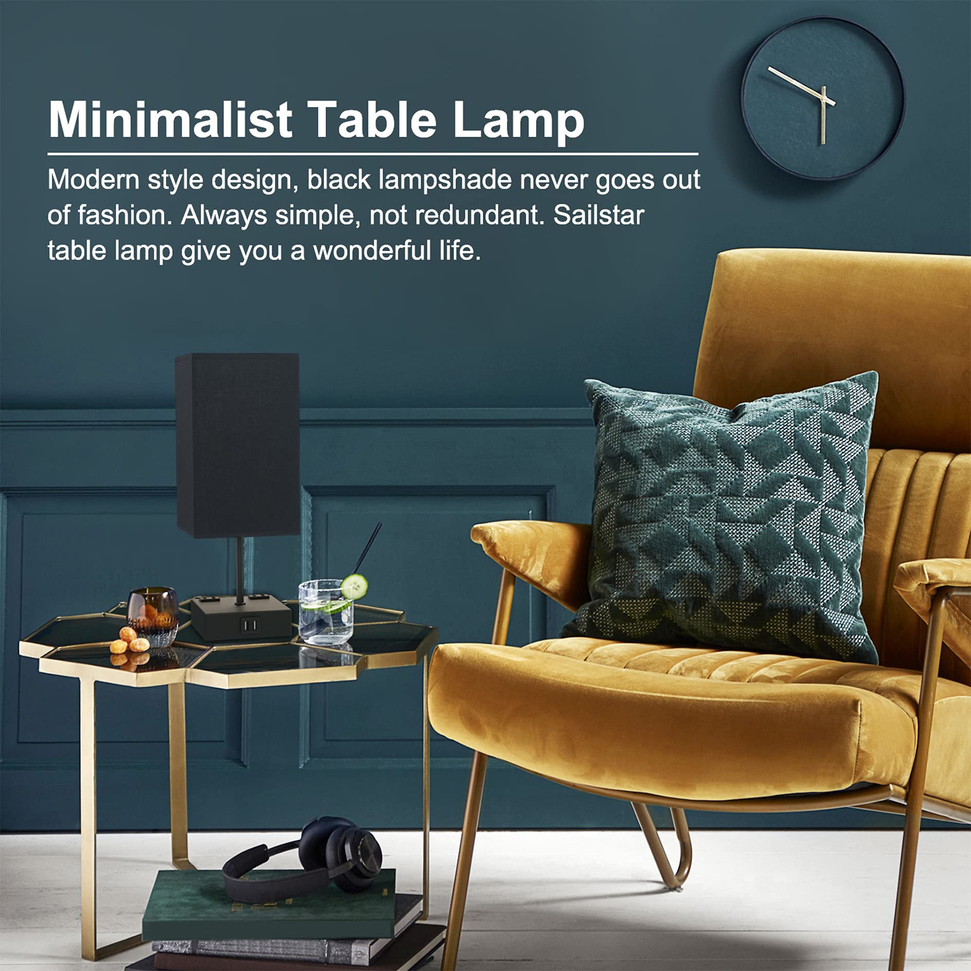 Sailstar 3-Way Dimmable Touch Table Lamp, 14.9" Black Metal Bedside Lamp with 2 USB Ports & Outlet, Ideal for Bedroom & Living Room