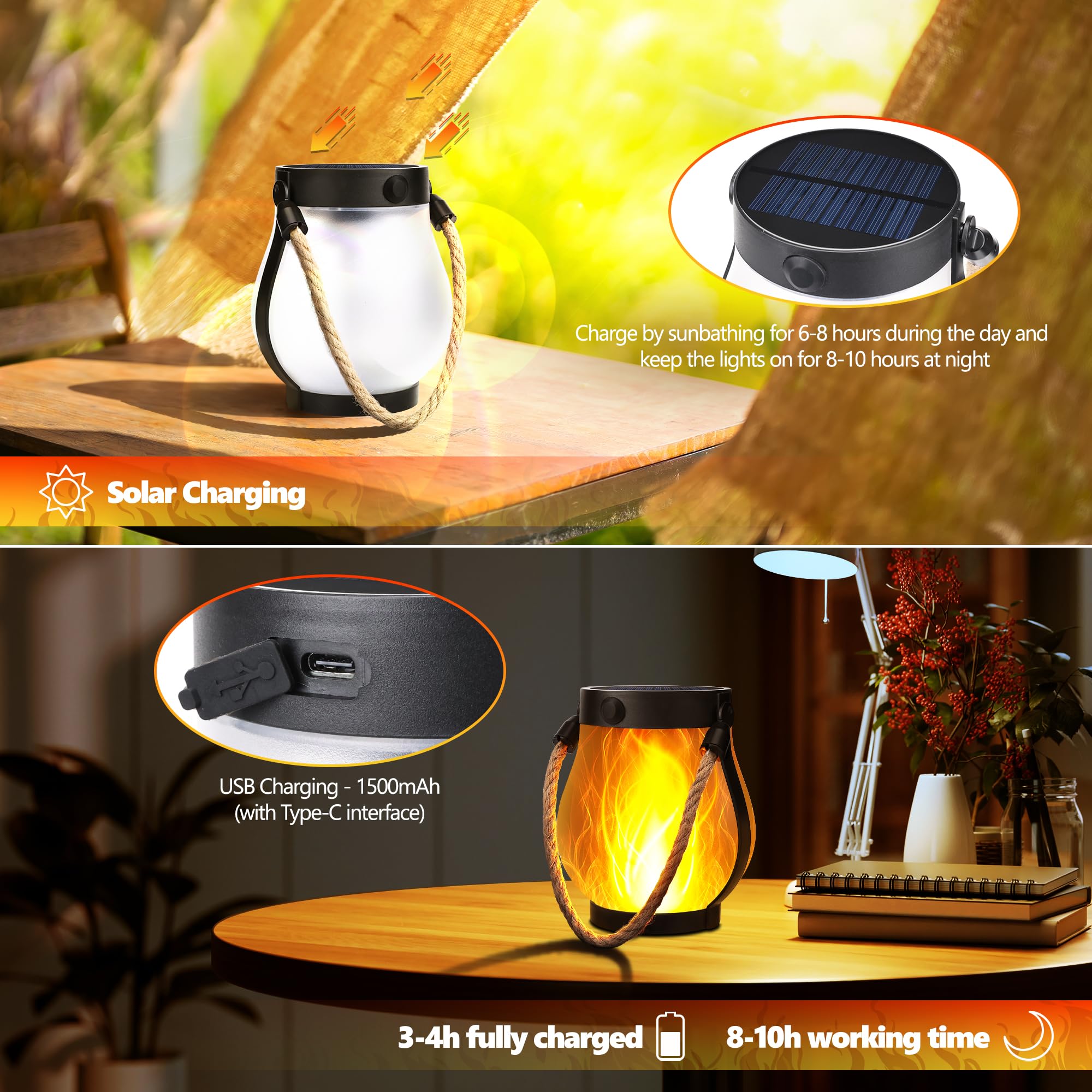 iBaycon Solar Lantern - 1 Pack Waterproof Flickering Flame Lights, USB & Solar Dual Charging, Warm White for Halloween Decor