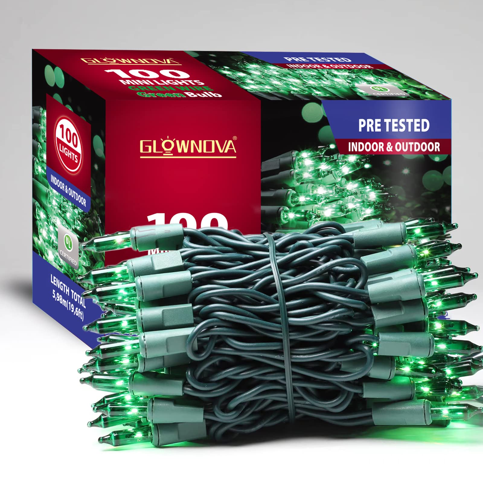 GLOWNOVA 100 Mini String Lights, Incandescent Green Wire, Plastic, Model HP-100-2/SB, Indoor Christmas Tree Decoration