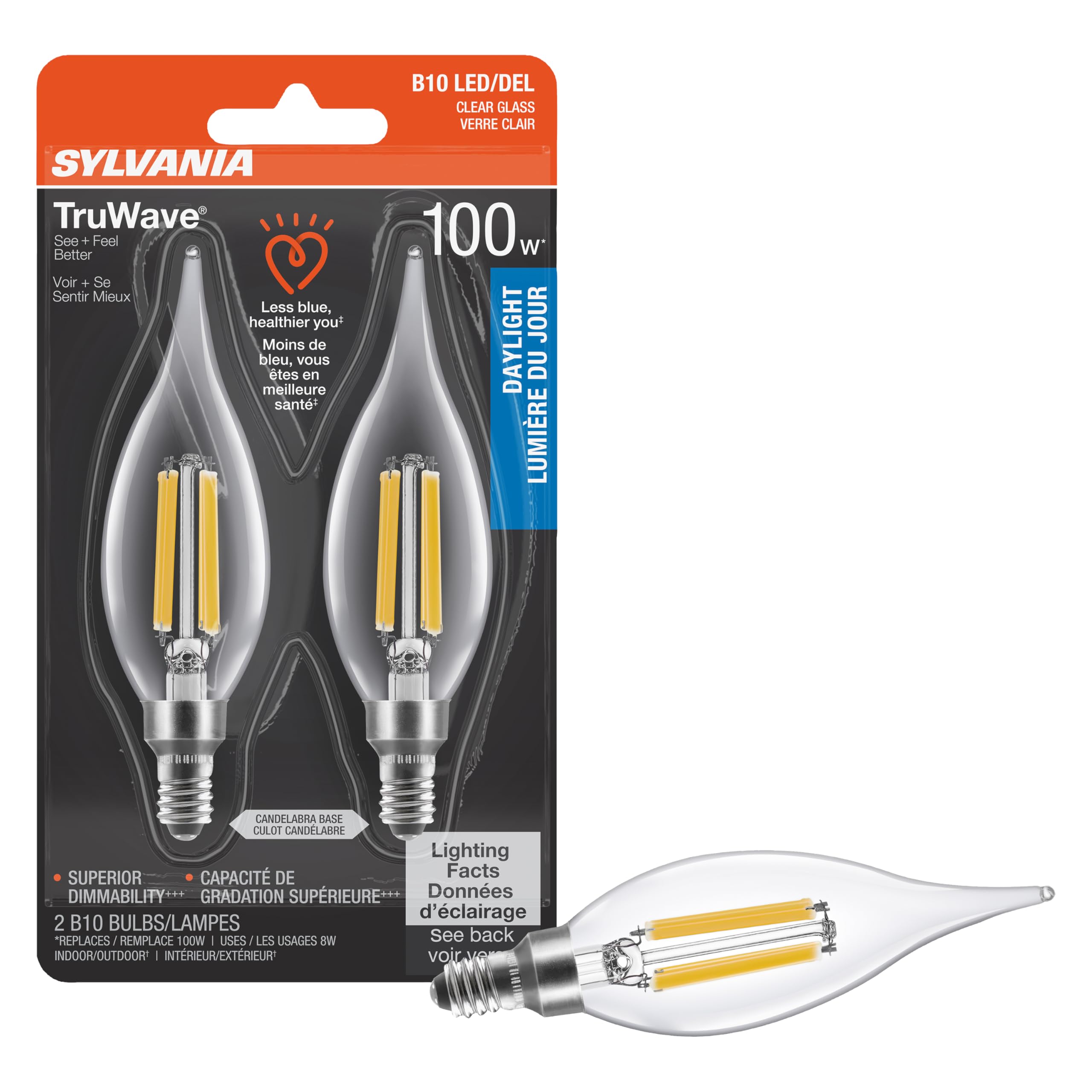 LEDVANCE Sylvania LED TruWave B10 Chandelier Bulb, 8W, 900 Lumens, Dimmable, Candelabra Base, Daylight, Model 42282,
