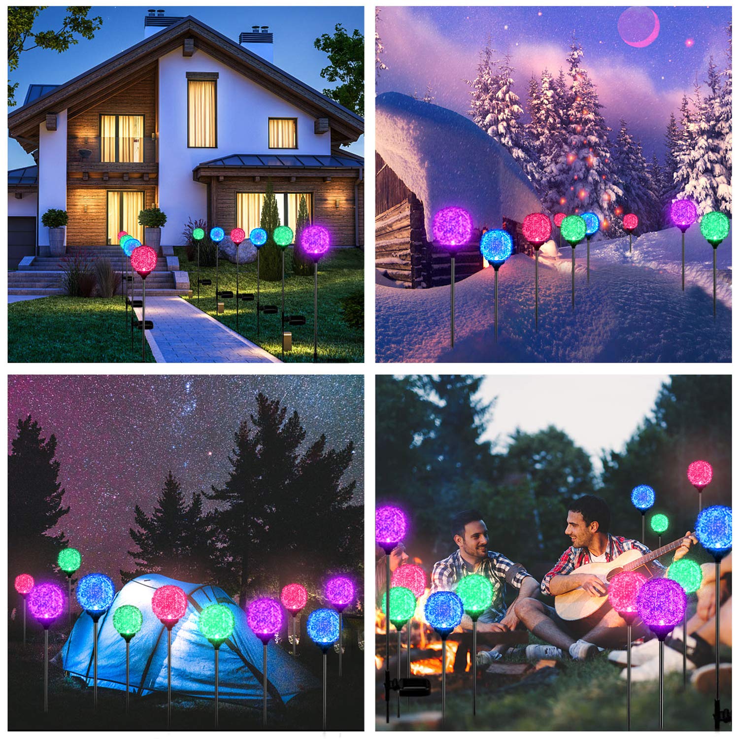 MMHF Solar Garden Lights - Upgraded Globe LED Stake Lights, Multi-Color, 2 Pack, Stainless Steel