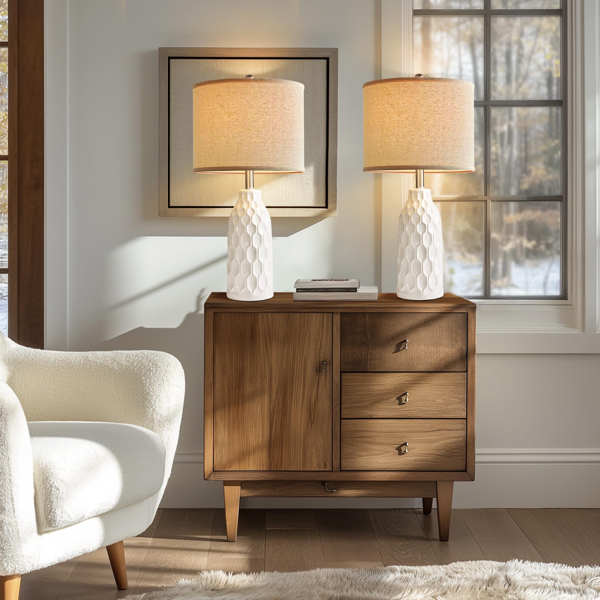 Bzzmmb White Ceramic Table Lamps Set Of 2, 26.8&quot; Modern Nightstand Lighting, Bulb Not Included