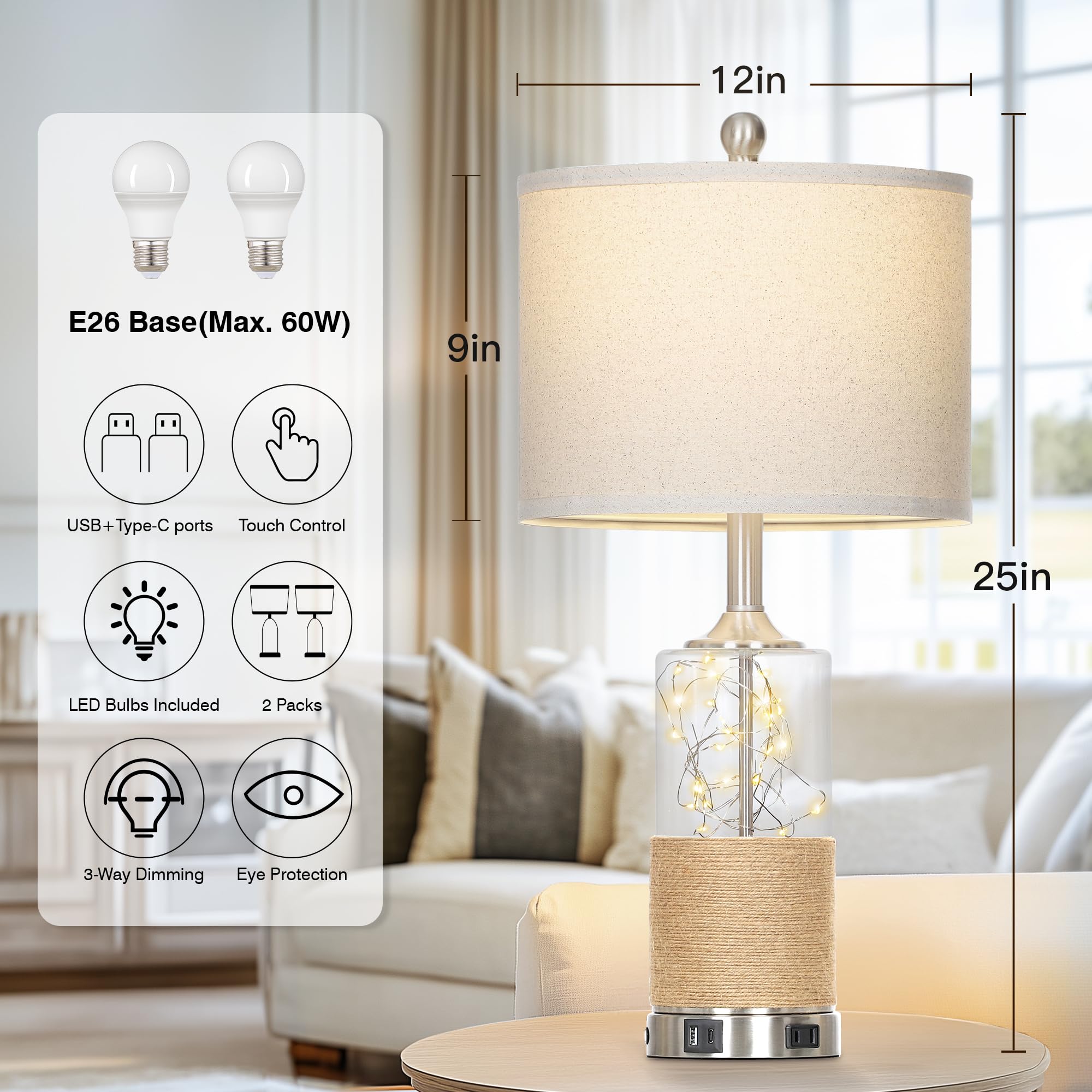 25'' Coastal Glass Lamps Set Of 2, Touch Control 3-Way Dimmable Night Light Modern Table Lamp With Usb A+C Ports & Ac Outlets Li