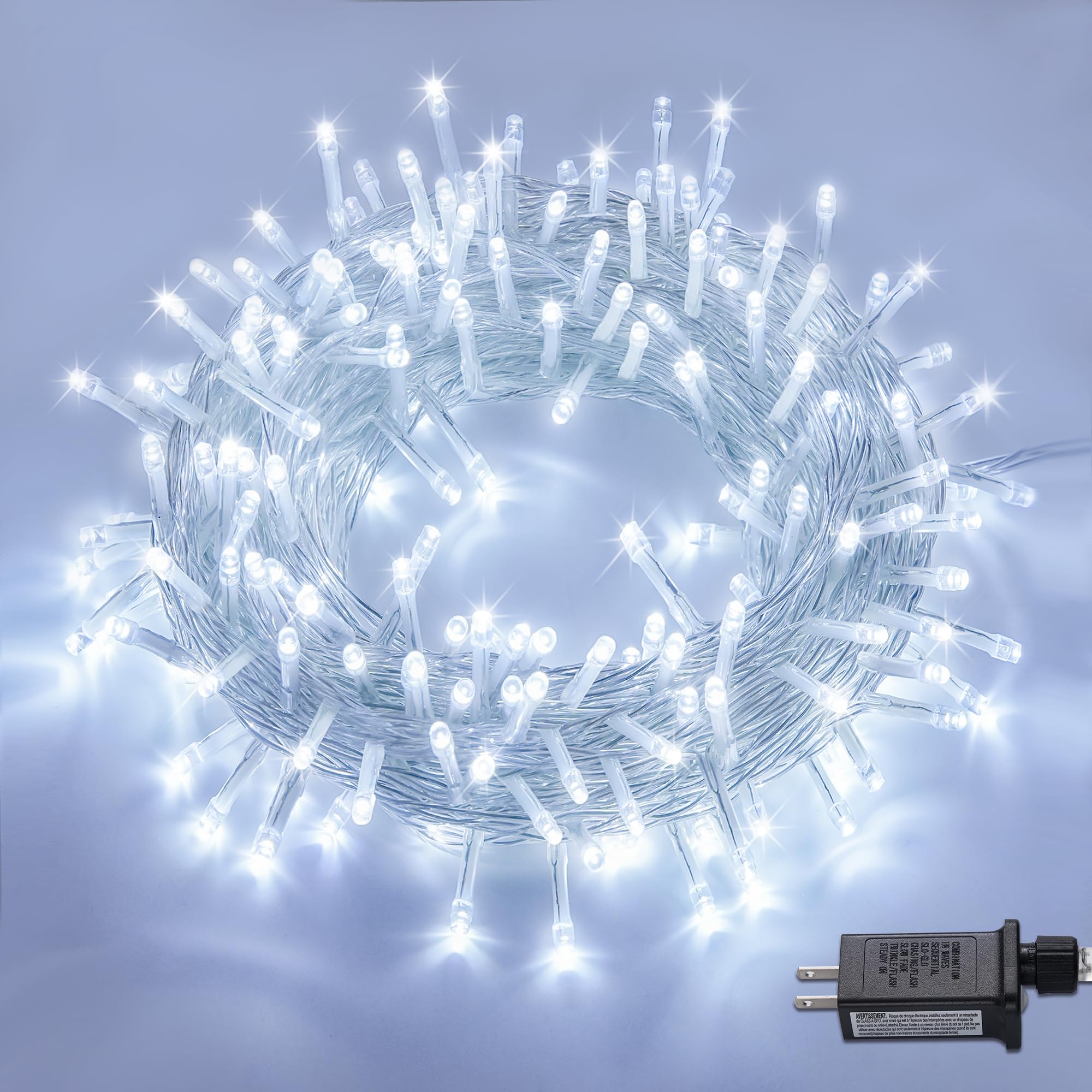 POTIVE 33ft 100LED White Christmas String Lights, Waterproof, 8 Modes, Indoor/Outdoor, Model EXS-S-0100
