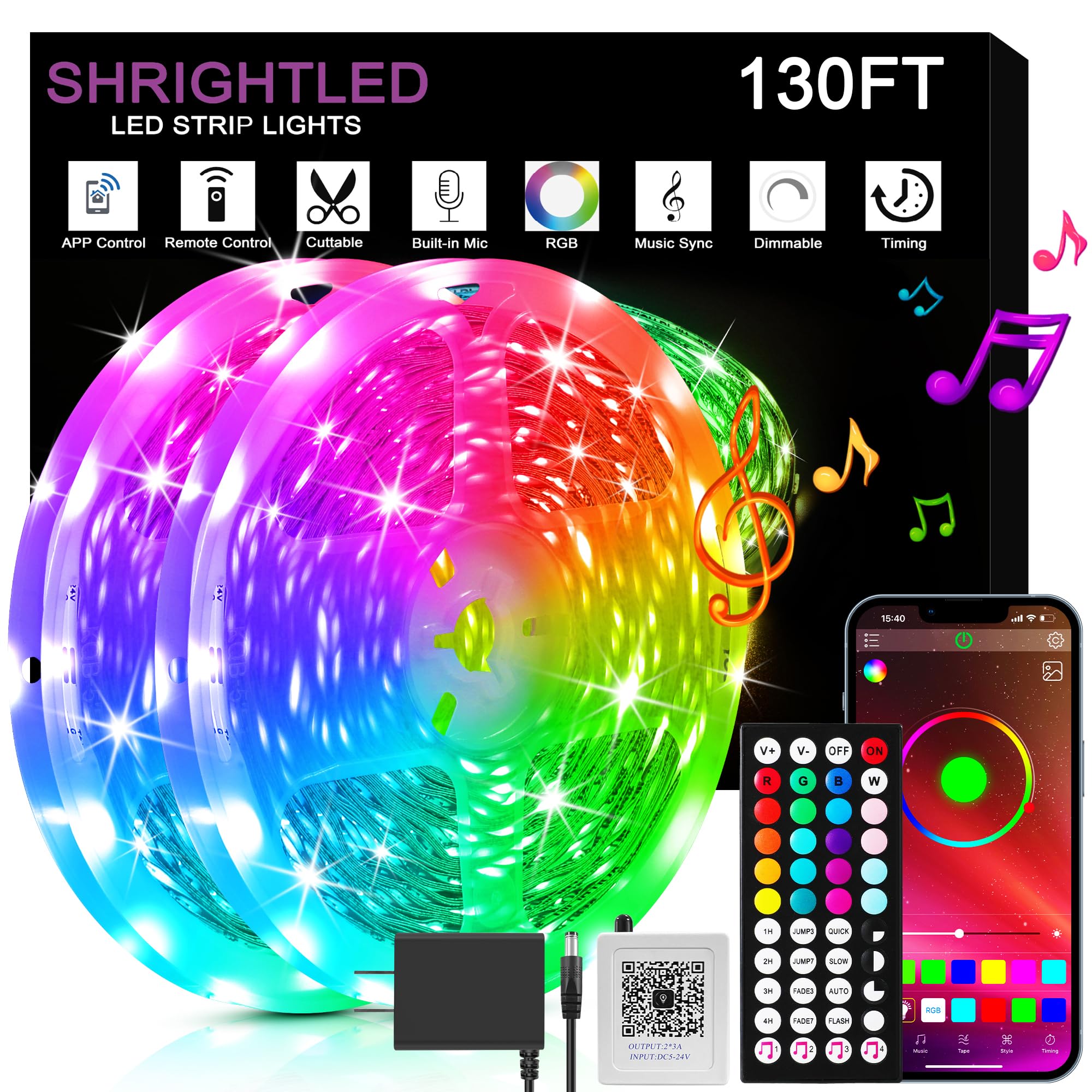 SHRIGHTLED Led Lights for Bedroom 130ft (2 Rolls of 65ft) Music Sync Color Changing, Bluetooth RGB Led Strip Lights with Remote 