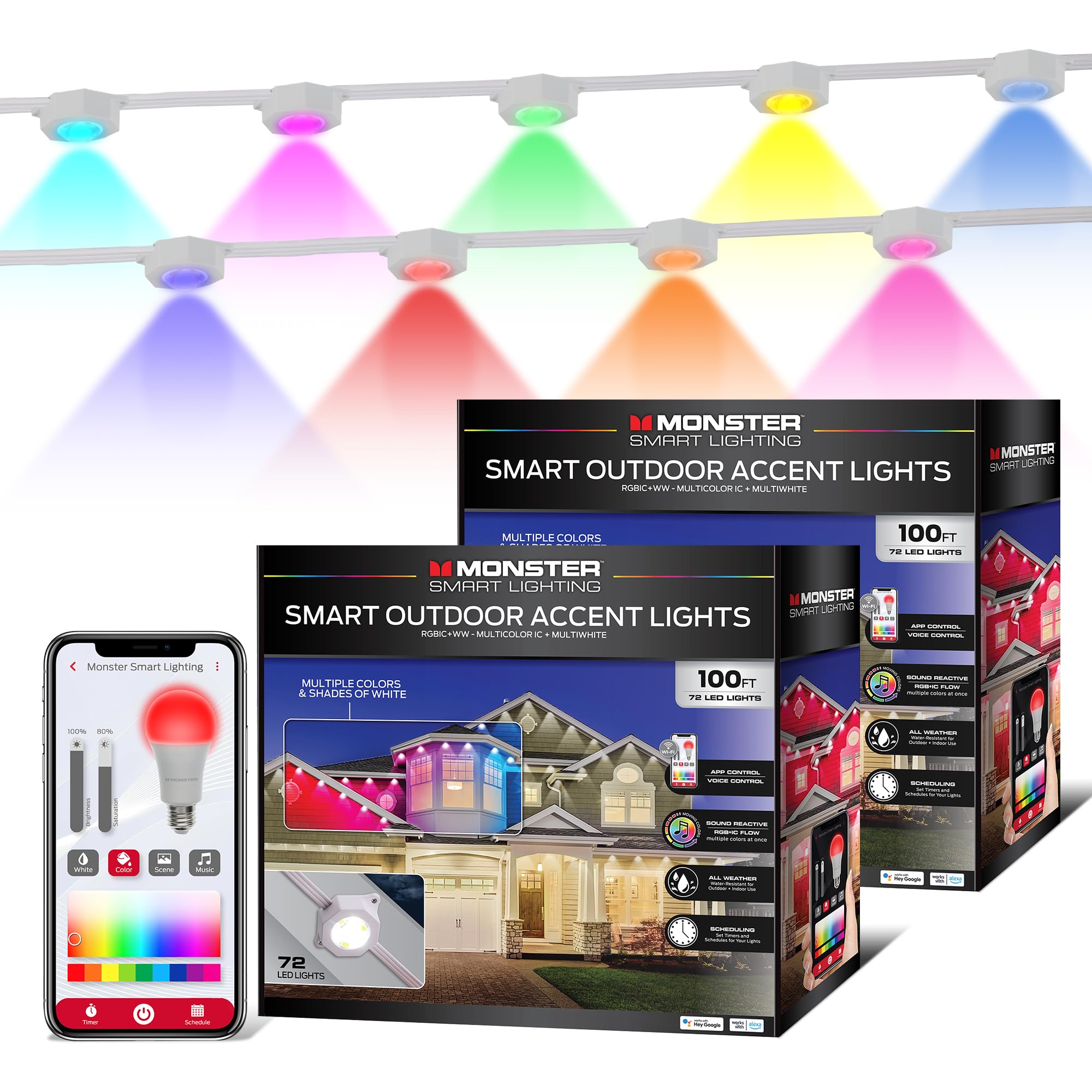 Monster Smart Permanent Outdoor Lights  200ft  144 LED Eaves Lights  RGB+IC+WW  Weather & Water Resistant  App & Voice Control  Compatible with Alexa & Google  Halloween  Christmas  Year-Round