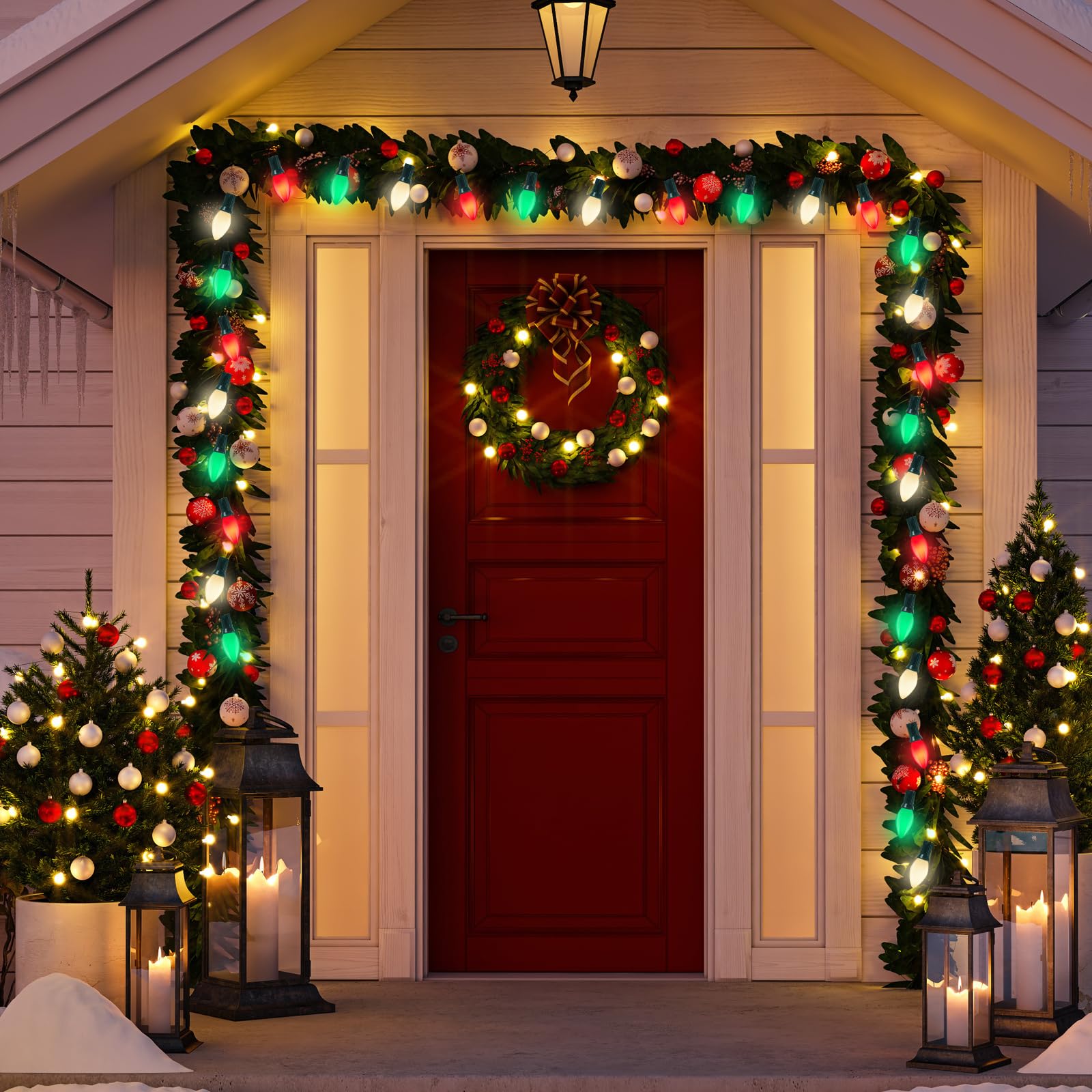 C7 Christmas String Lights, 25Ft Outdoor Christmas Decorations Lights With 27 Led Red White And Green Shatterproof Bulbs, Hangin