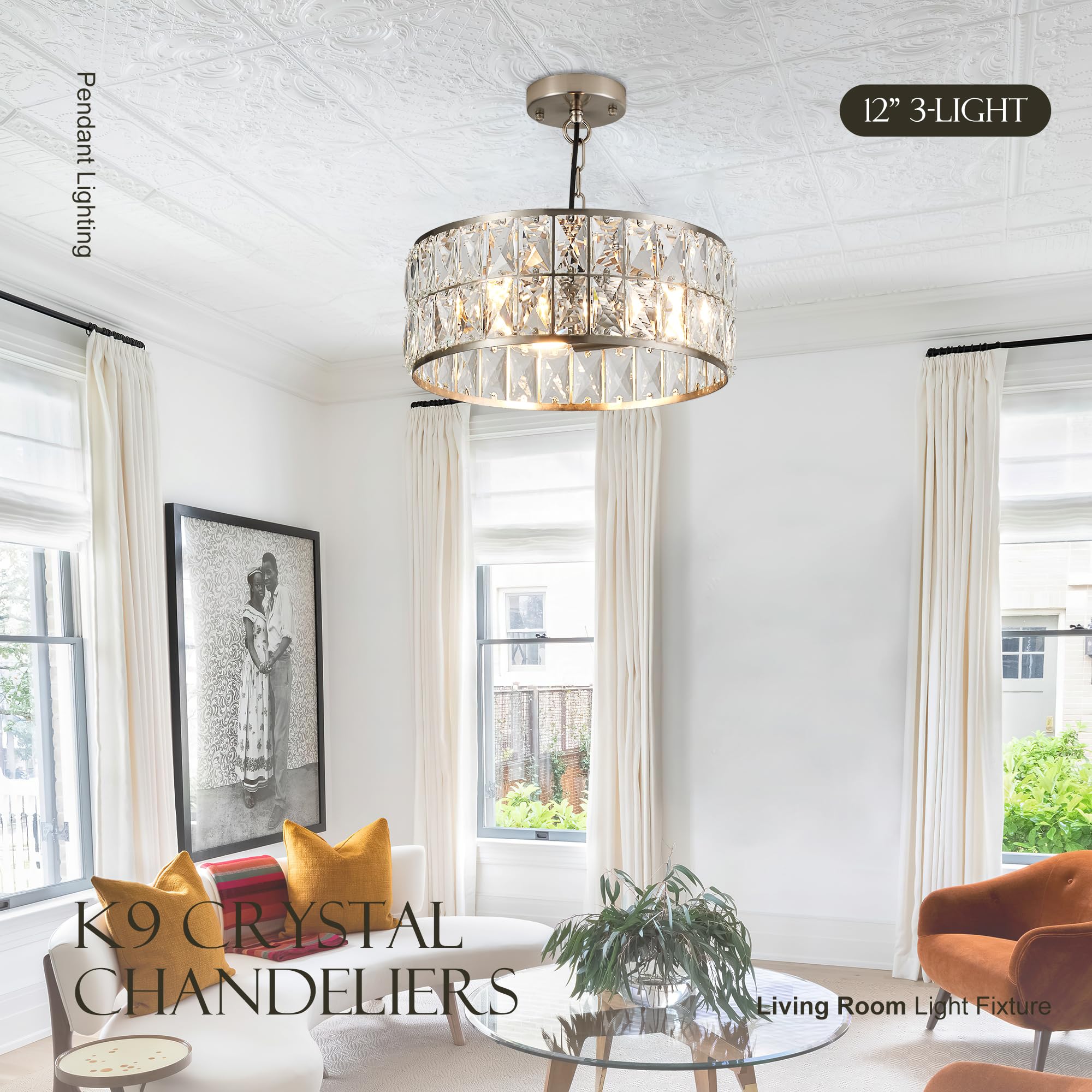 Salaiwei 12    3-Light Modern Crystal Chandeliers Nickel Dinning Room Light Fixture, Round Pendant Light Kitchen Island Chandeli