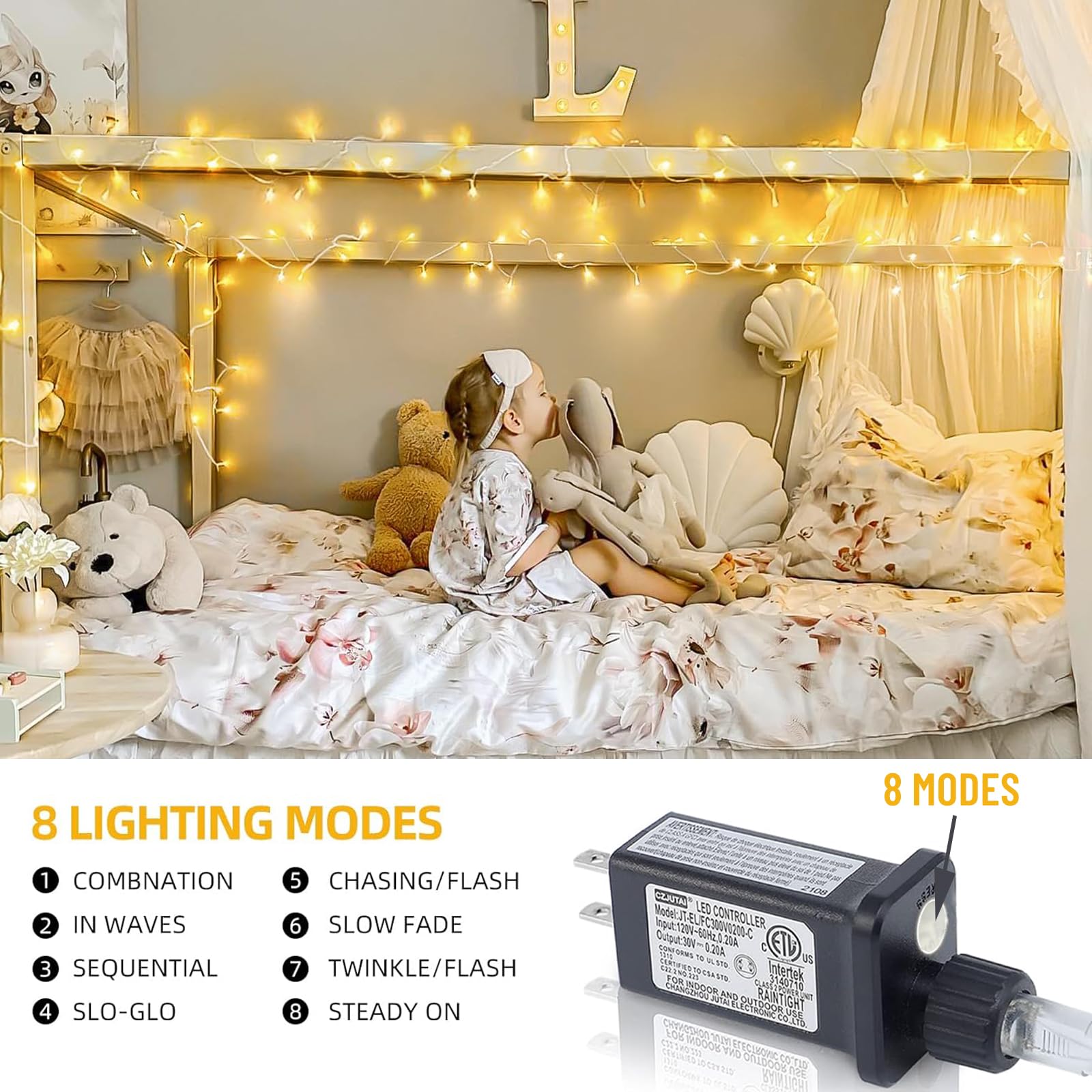 Wotilzeen 200LED 60FT Warm White String Lights - Waterproof Twinkle Lights with 8 Modes & Timer for Indoor/Outdoor Holiday Decorations