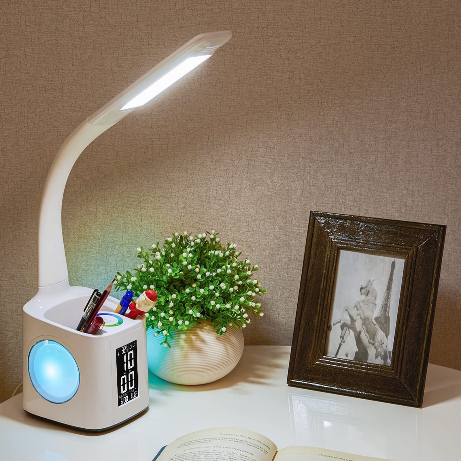 wanjiaone LED Desk Lamp with Clock, Color Changing Nightlight, USB Charger, White 2.0, 3 Brightness Levels for Home/Office/Beds