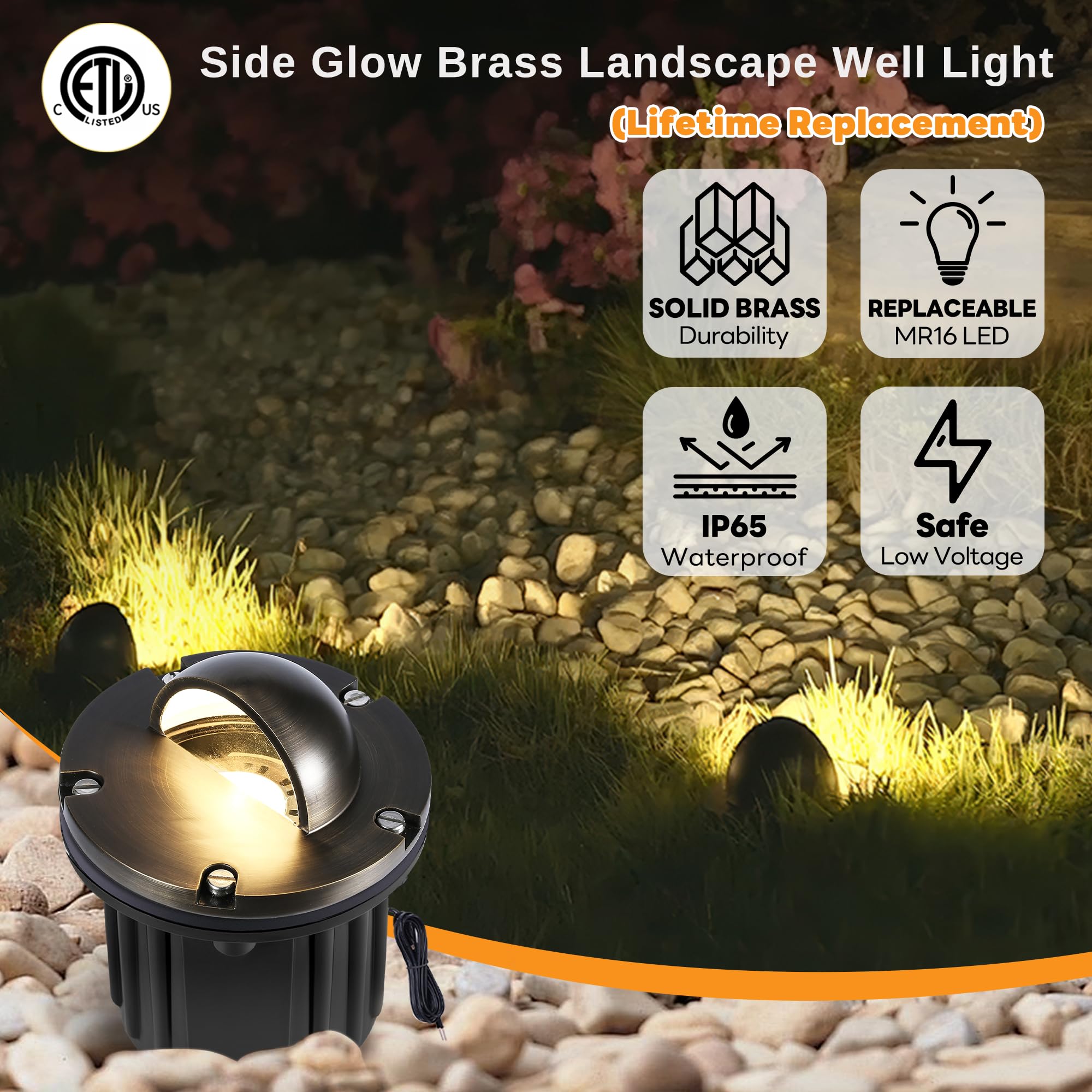 Gardenreet Brass Well Light - Waterproof 12V Ip65 In-Ground Landscape Lighting, Led Outdoor Replaceable Bulb Low Voltage Fixture