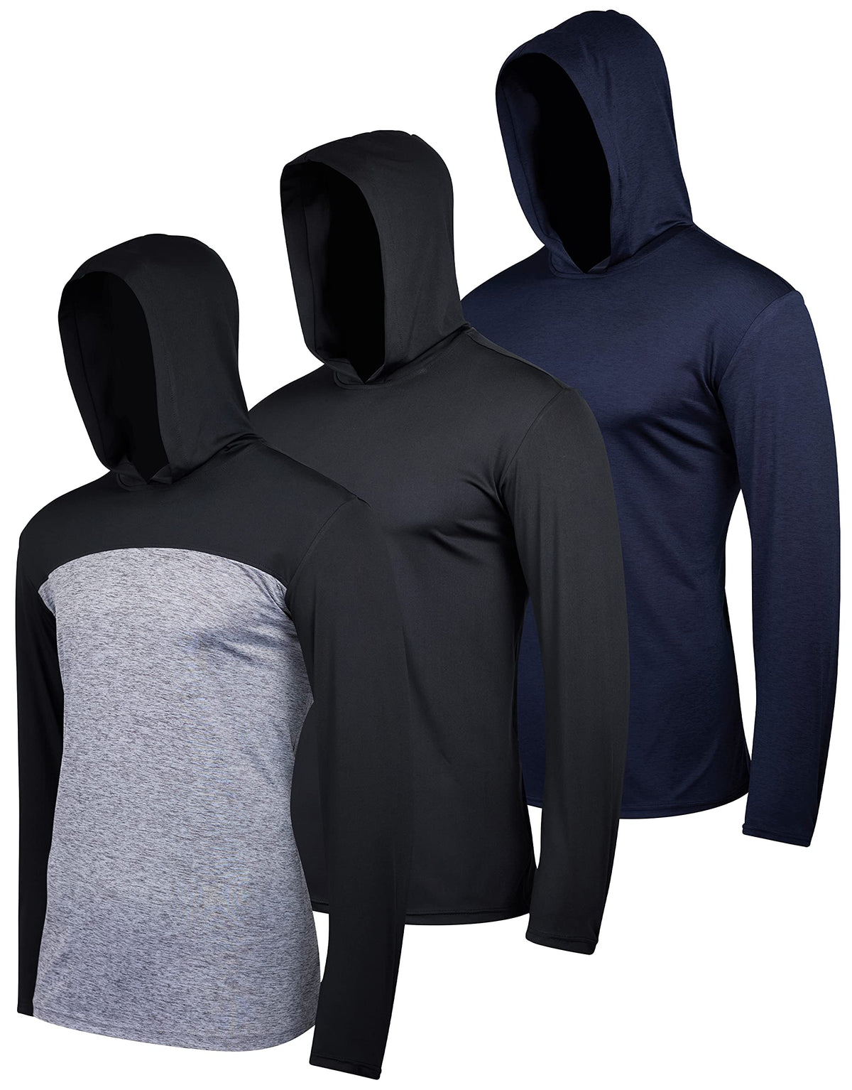 3 Pack: Menas Quick Dry Fit Moisture Wicking Long Sleeve Active Athletic Hoodie Performance Hooded T Shirt Workout Running Fitne