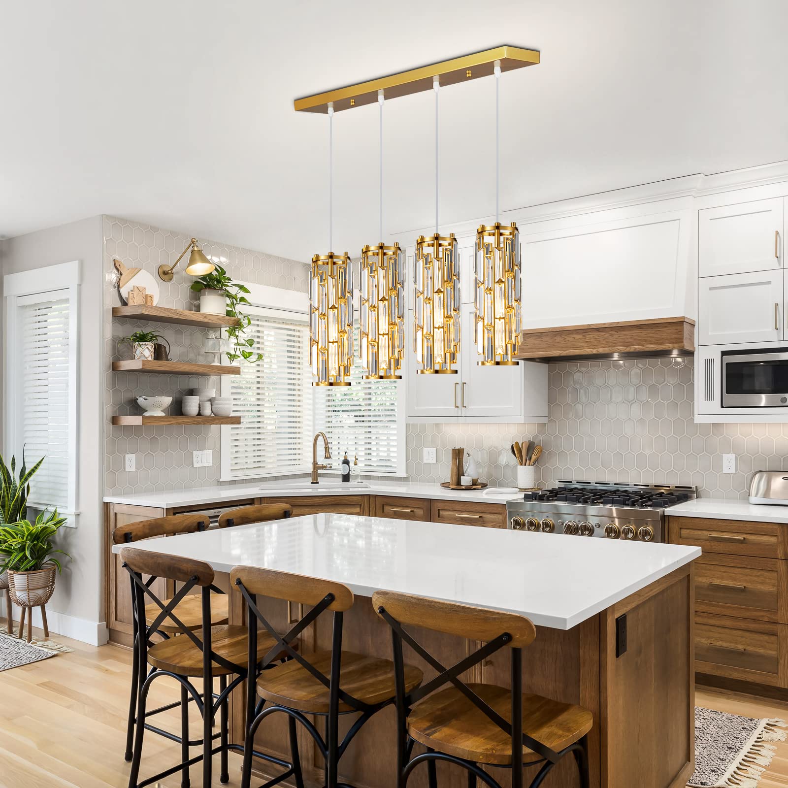 Lmqnine 4 Light Gold Pendant Lighting Modern Pendant Light, Mini Crystal Chandeliers,Adjustable Pendant Light Fixture For Kitche