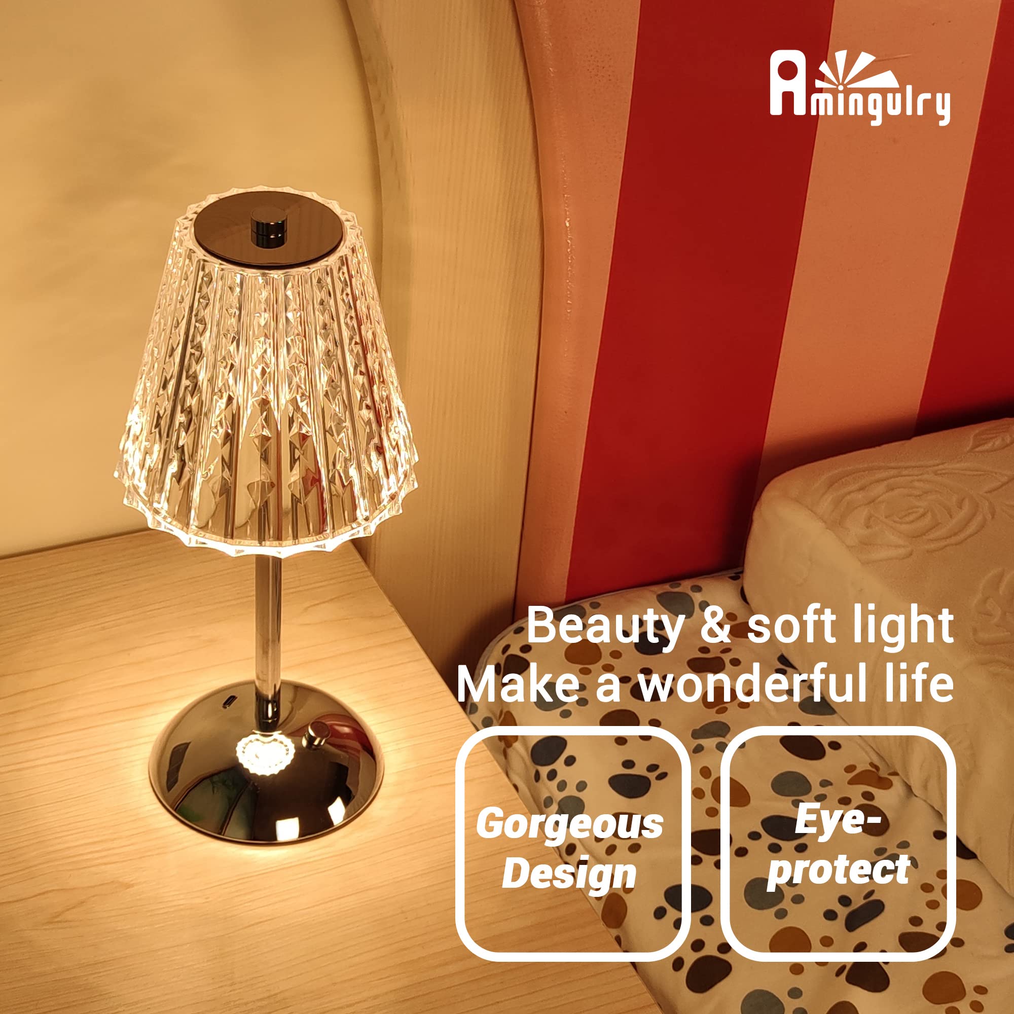 Amingulry Cordless Table Lamp, 4000mAh Rechargeable, 3 Color Modes, Stepless Dimmable, Small, Silver Chrome