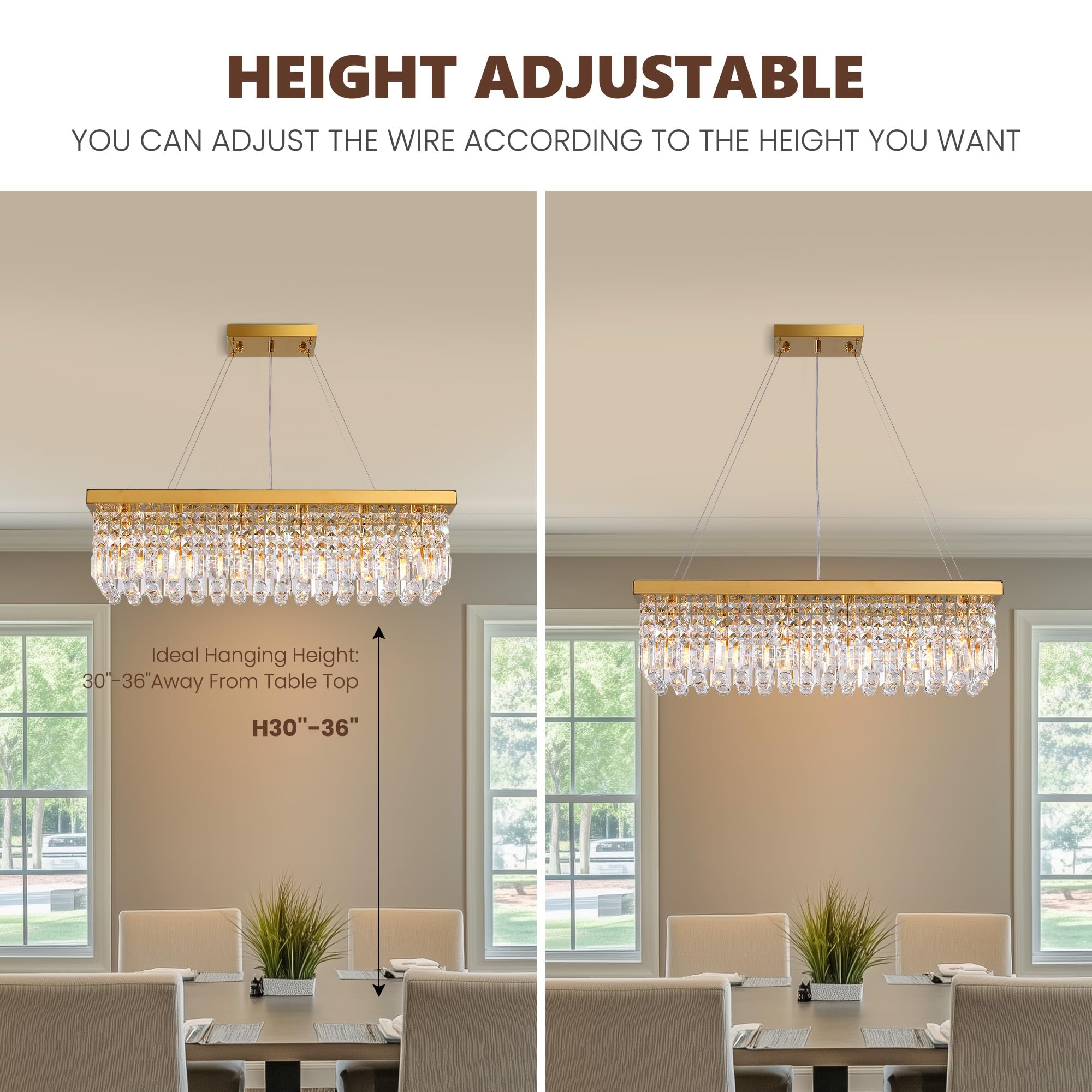 Tinkoso Crystal K9 Rectangle Chandelier For Dining Room,6-Light Modern Rectangular Pendant Light Fixture For Kitchen Island Bar,