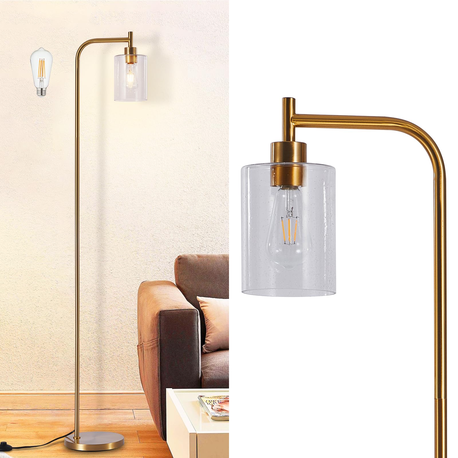 DINGLILIGHTING Floor Lamp - Gold Metal with Seeded Glass Shade, Modern Design, Includes 8W LED Bulb, Model WSFLL005-G-3