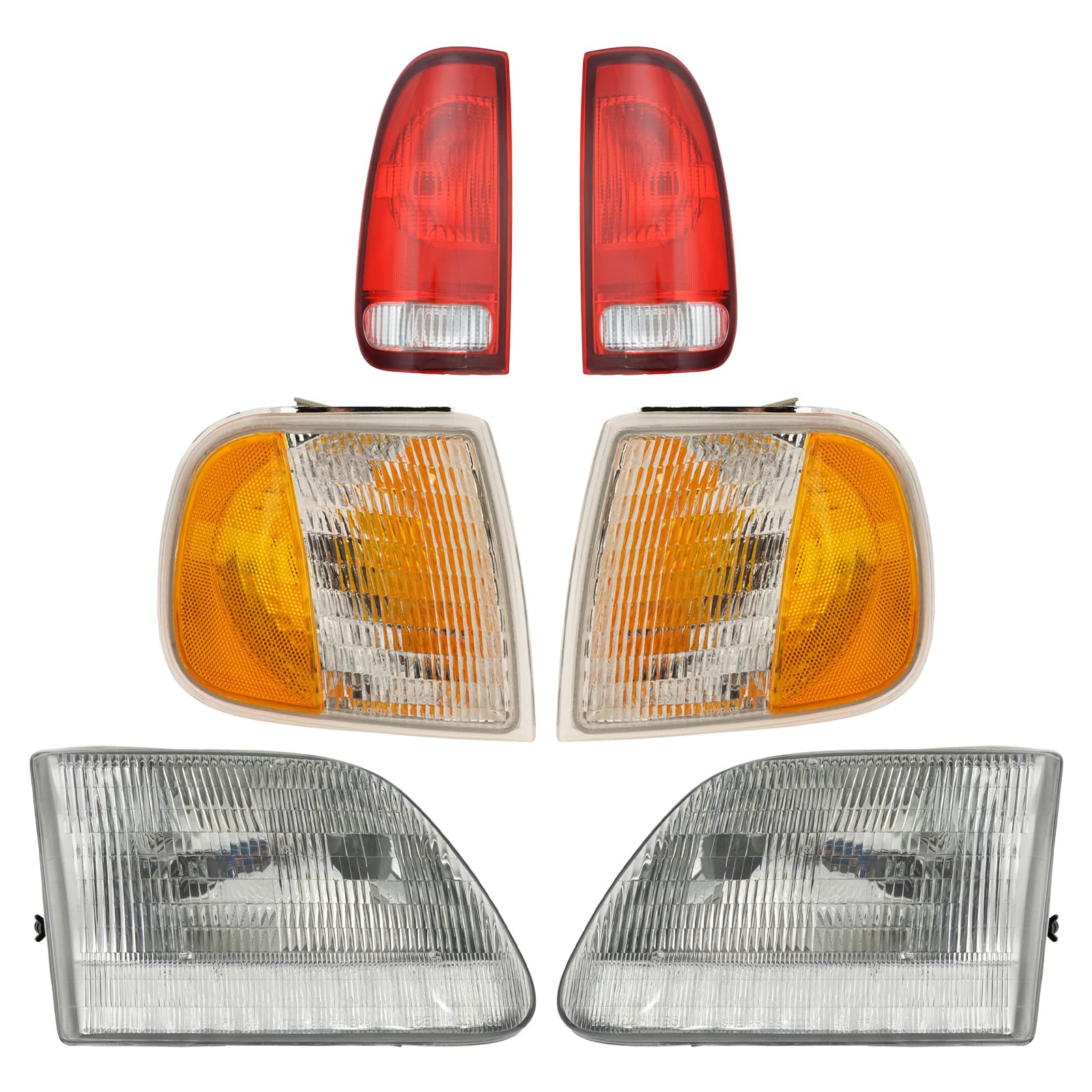 TRQ 6 Piece Headlight & Tail Light Assembly Set for 1997-2003 Ford F150, Clear, Model LKA55995