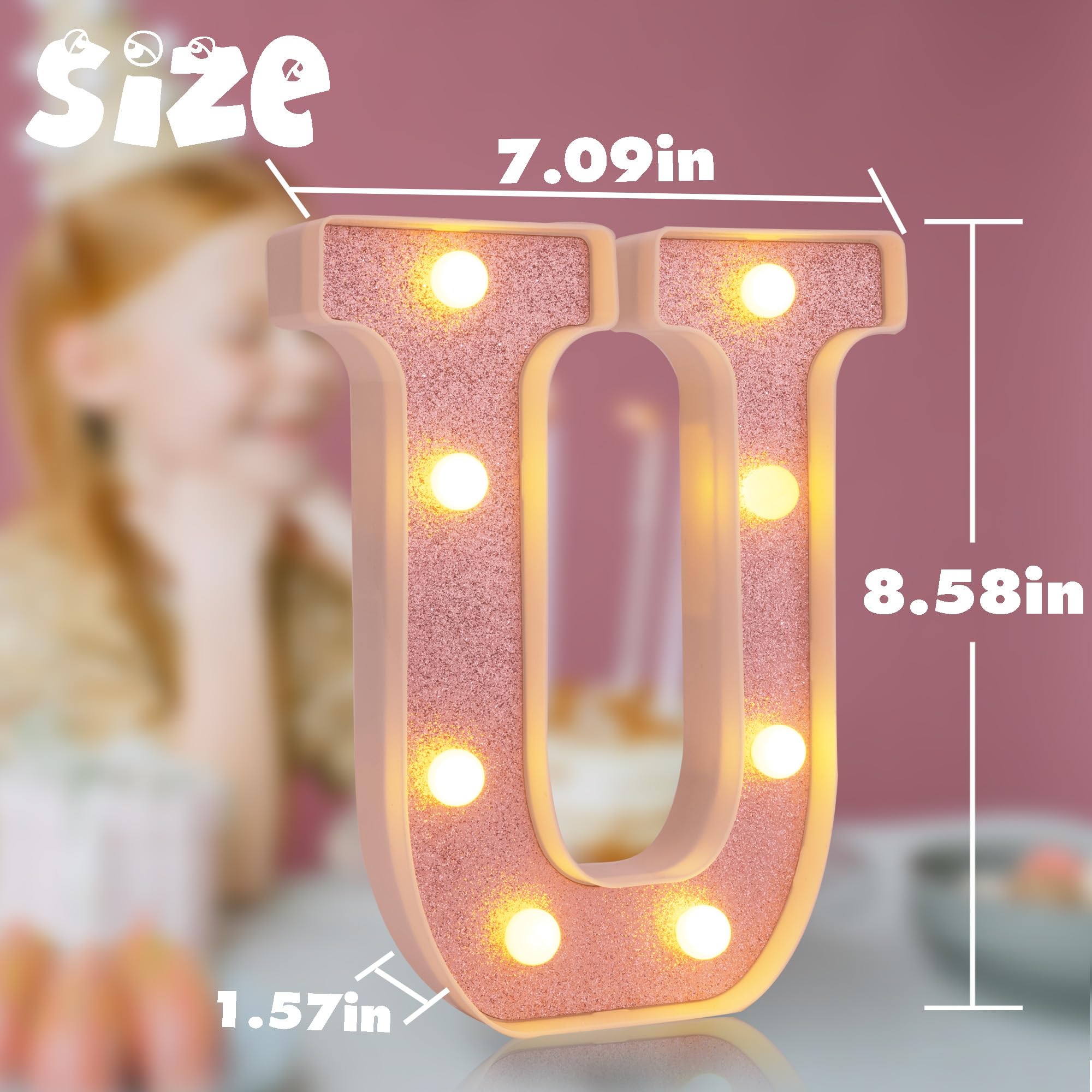 DyingSwan Small LED Marquee Letter Lights, 8.58in Pink Glitter Letter U, Battery Powered Plastic Decor for Parties and Events