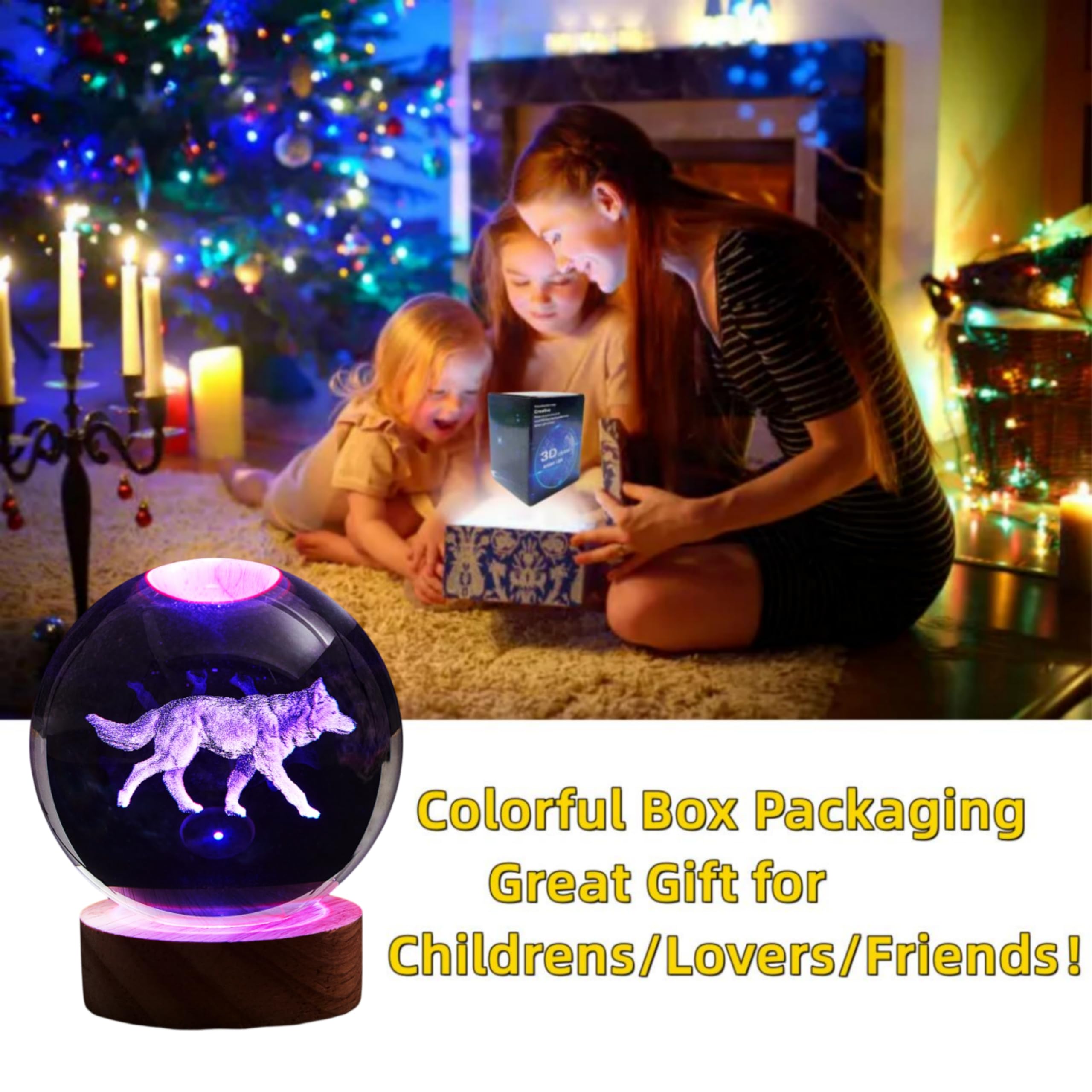 Conalisk 3D Wolf Crystal Ball Lamp - Dimmable Remote Control, 16 Colors, Wolf Design
