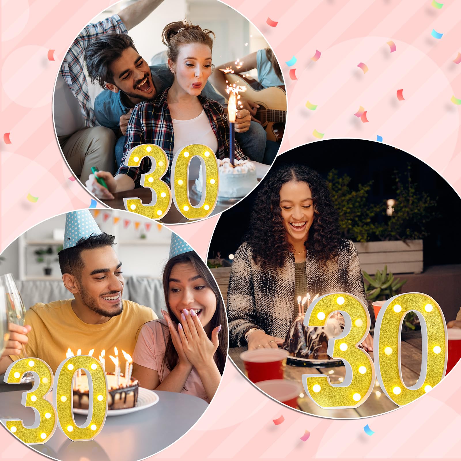 Treela LED Decorative Birthday Number Sign, Glitter Marquee 30th, Gold, PP Material for Party Decorations and Centerpieces