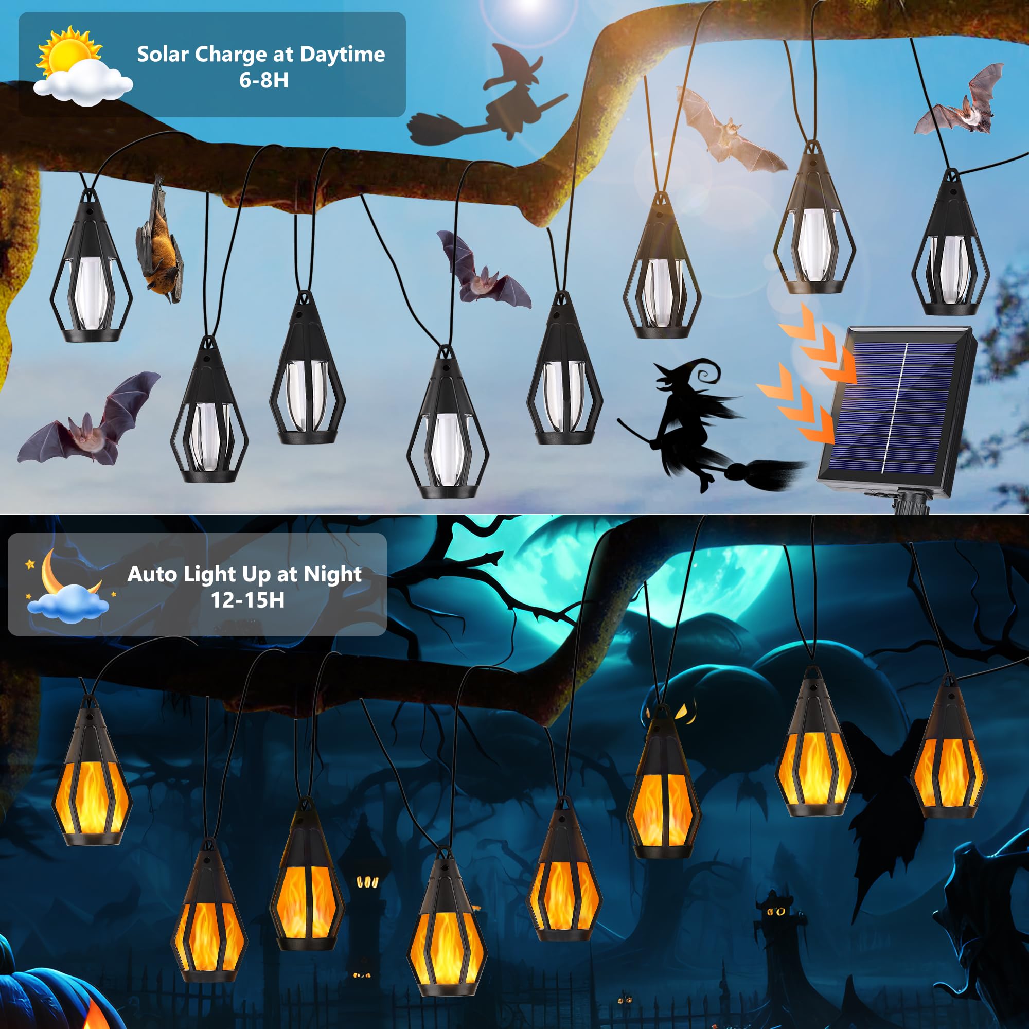 Jnaurb Solar String Lights, 13Ft Waterproof LED Flame Lights, Warm White, Orange, for Outdoor Halloween Decor