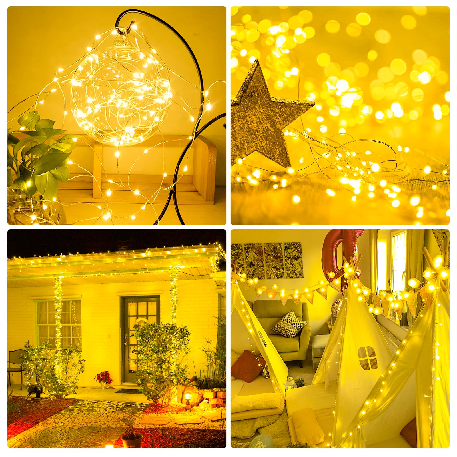 Ehome String Lights, Usb Fairy Lights Plug In With Remote & Timer 66 Ft 200 Led Twinkle String Lights Silver Wire Lights 8 Modes Outdoor Indoor Waterproof Starry Lights Diy Party Wedding, Warm White