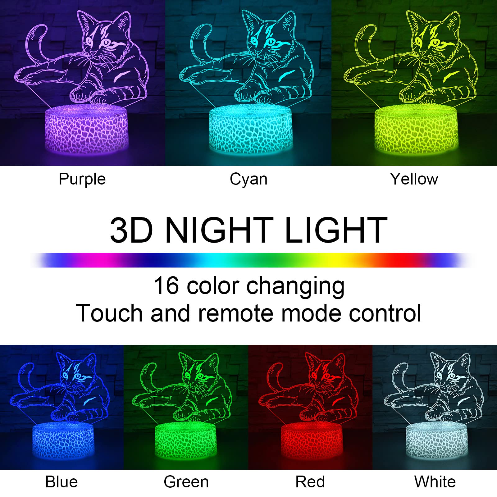 i-CHONY 3D Cat Illusion Lamp - LED Night Light with Remote, 16 Colors, Plastic - Perfect Gift for Women, Teens, Kids, Birthday, Christmas
