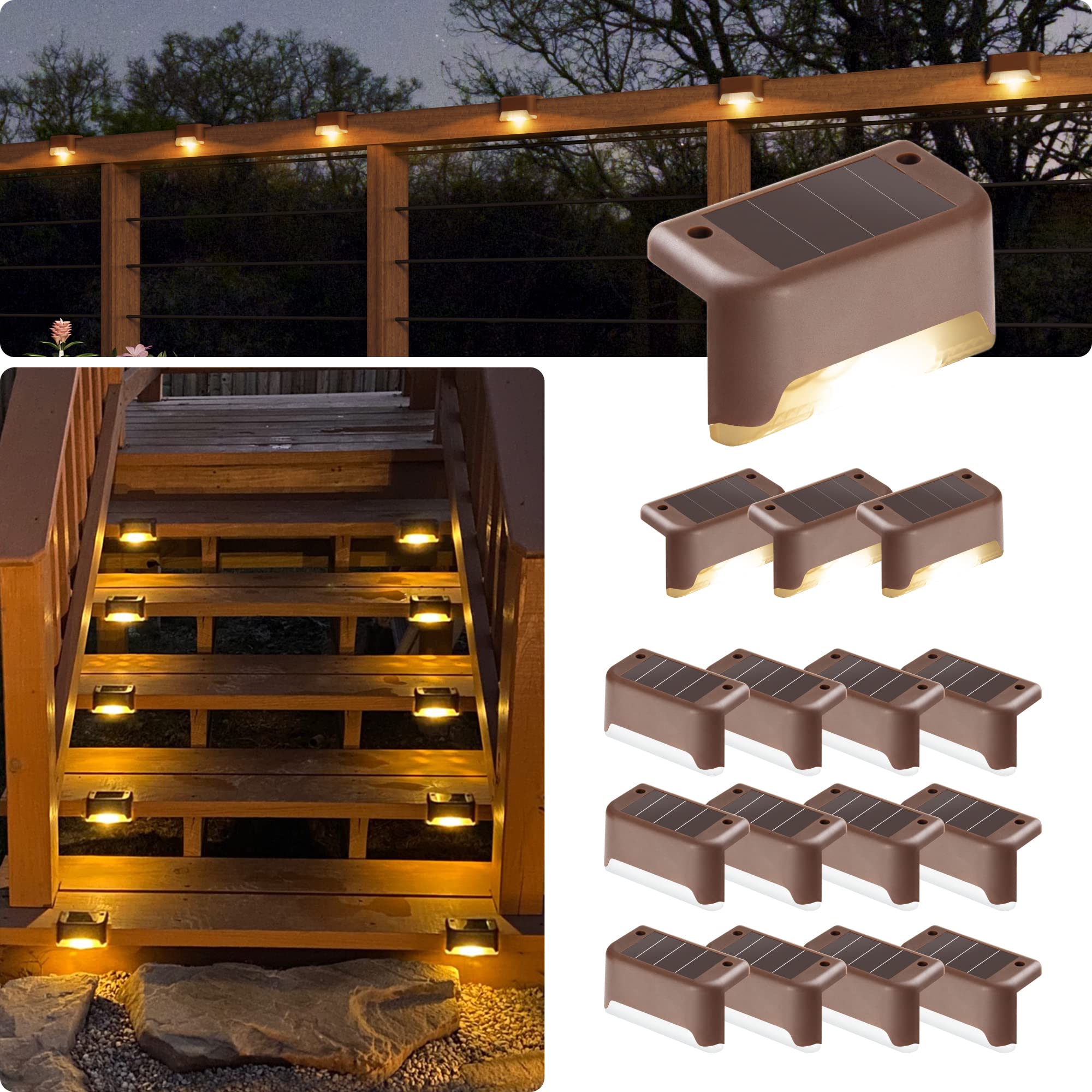 Gigalumi 16 Pack Led Solar Deck Lights, Waterproof For Outdoor Stairs, Warm White, Model 8363, Ideal For Fence And Patio