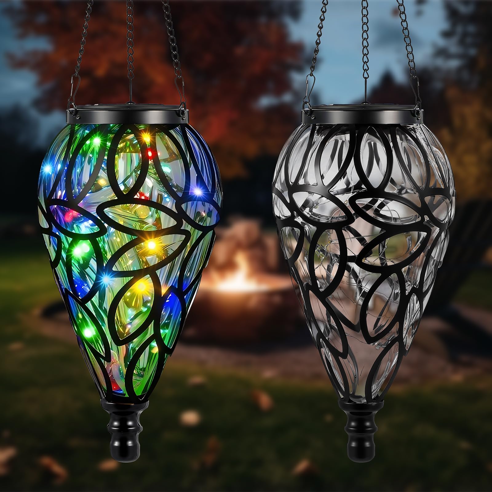 Tujoe 2 Set Solar Hanging Lantern Lights Outdoor Chandelier Moroccan Hanging Solar Light Tear-Shaped 15 LEDs Cool White with S H